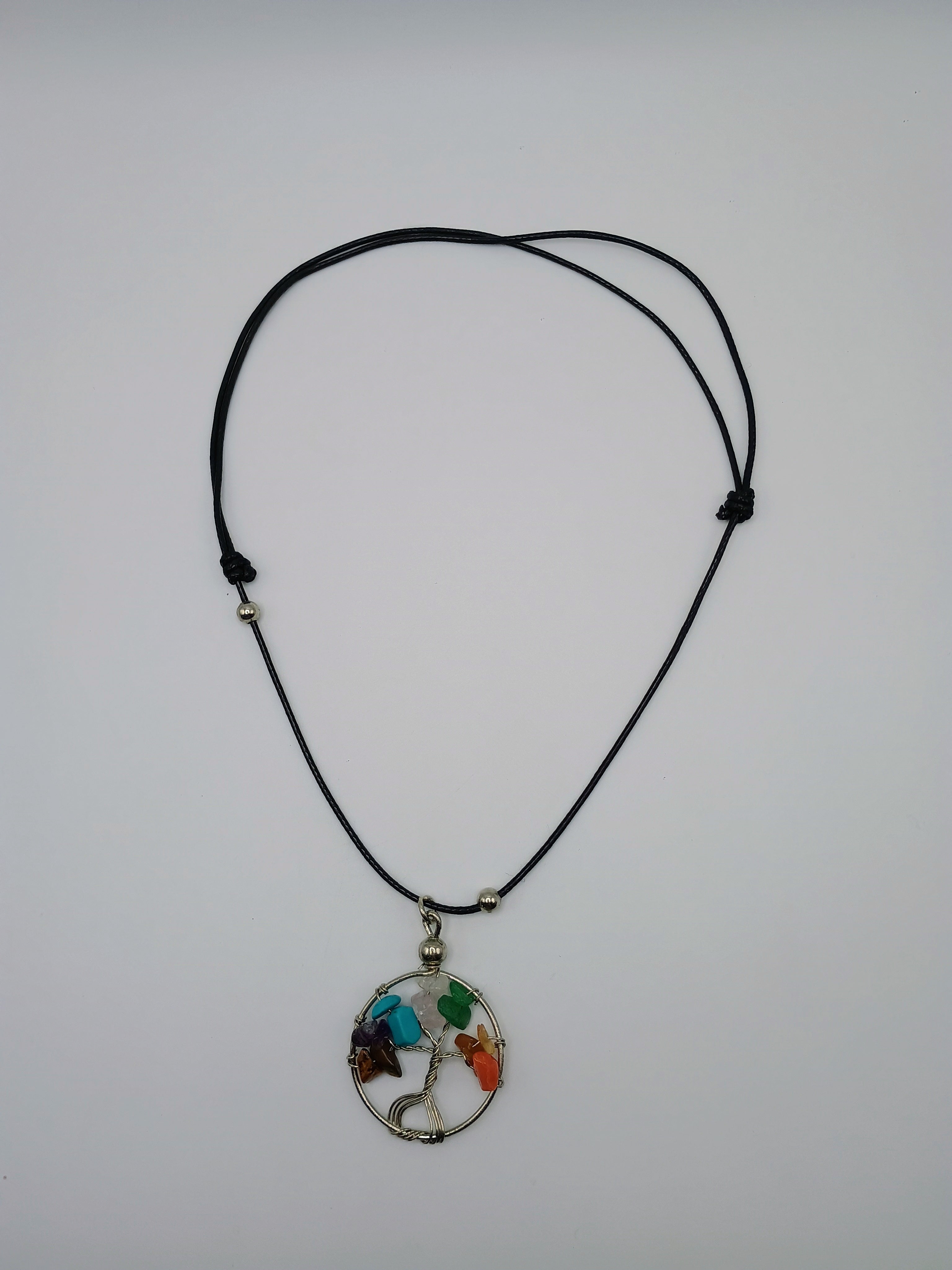 Tree of Life Necklace with 7 Chakras, Handmade with Natural Stone and Adjustable Thread