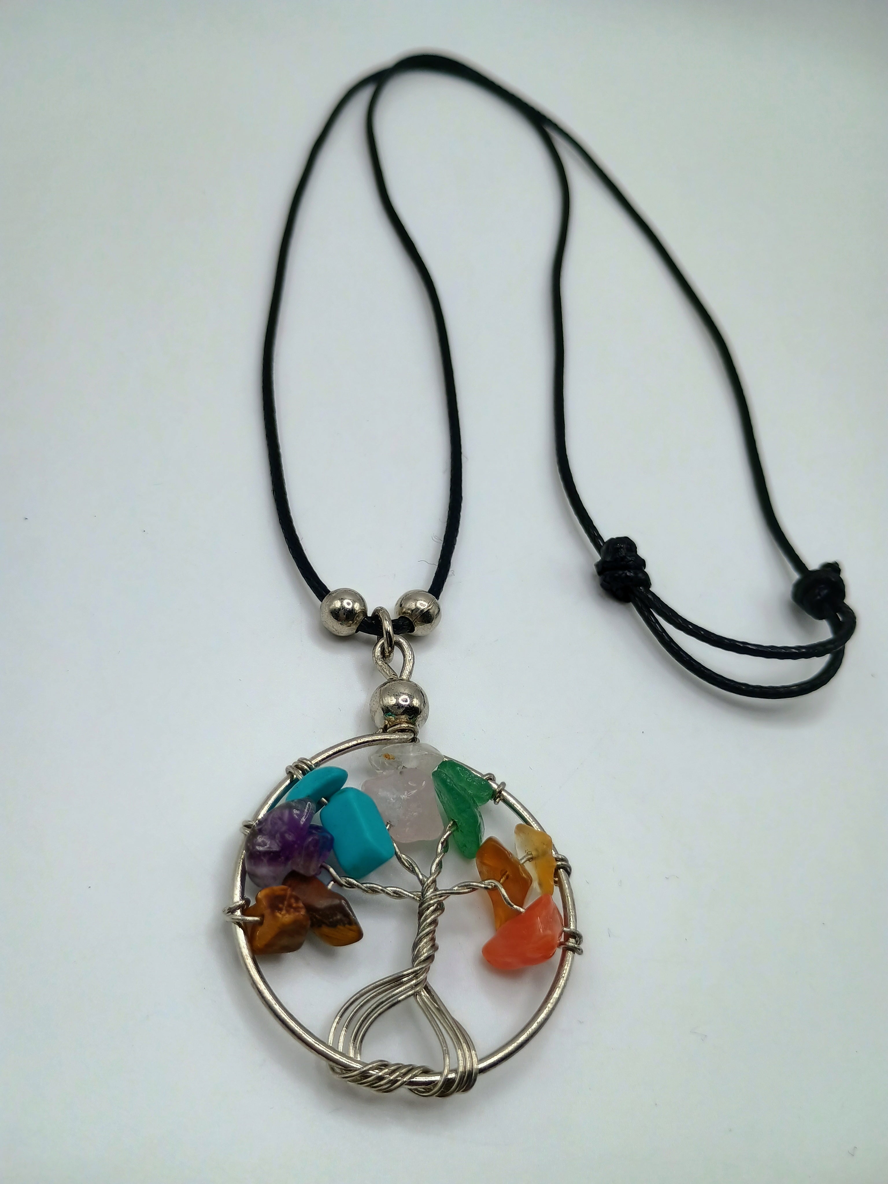 Tree of Life Necklace with 7 Chakras, Handmade with Natural Stone and Adjustable Thread