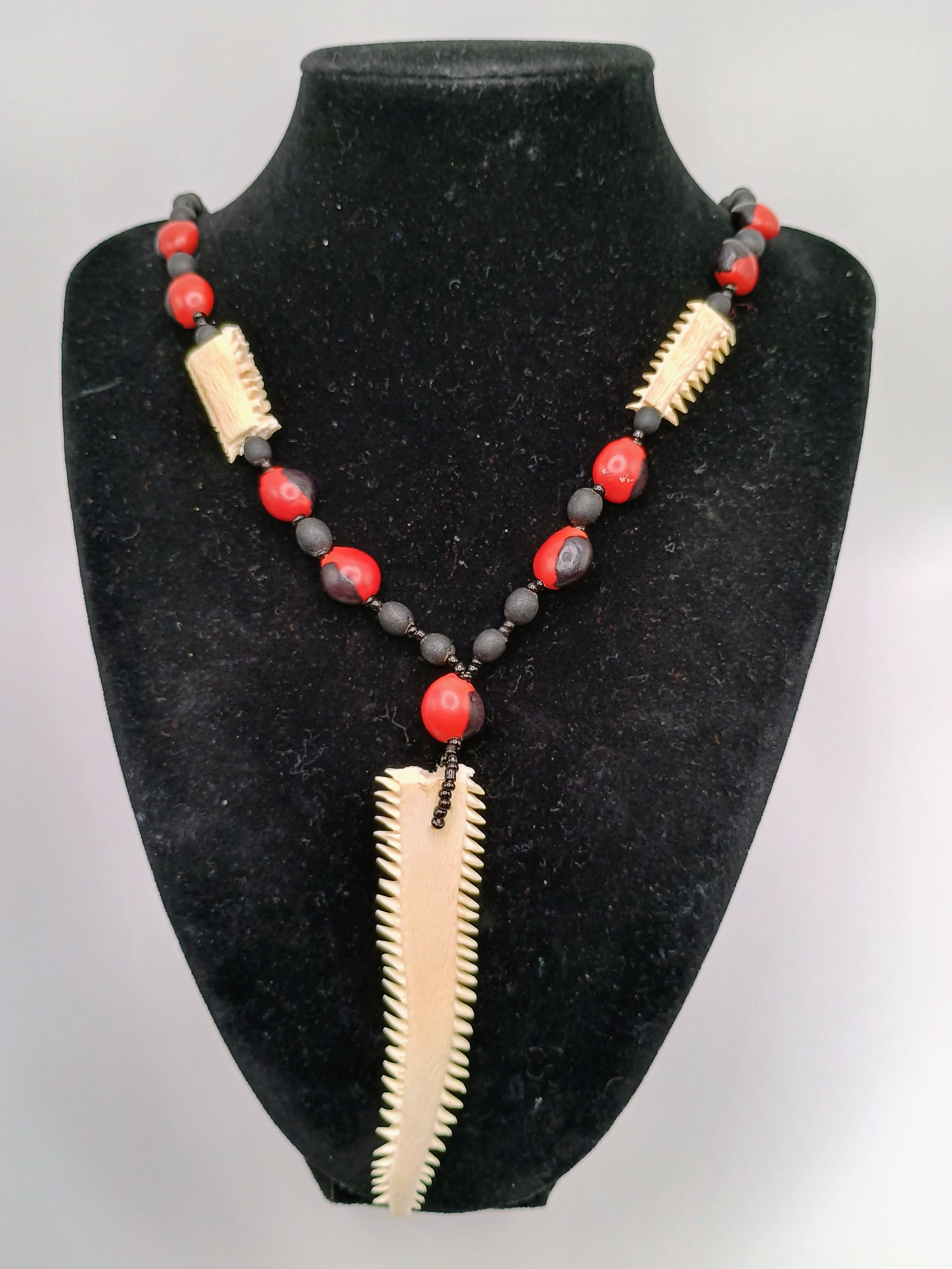 Necklace with Huayruro Seeds and Carved Bone, Handmade Amulet for Protection and Luck