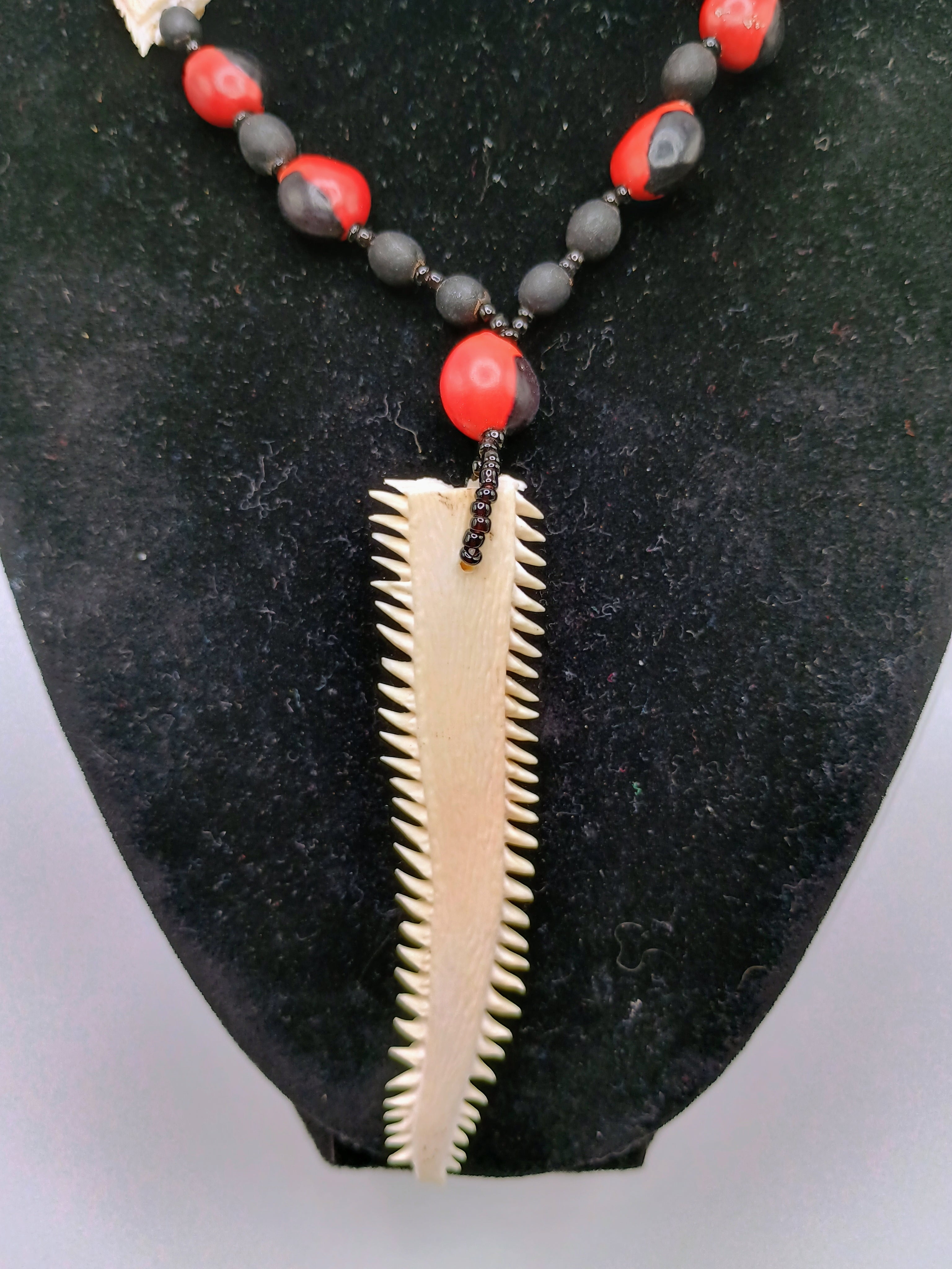 Necklace with Huayruro Seeds and Carved Bone, Handmade Amulet for Protection and Luck