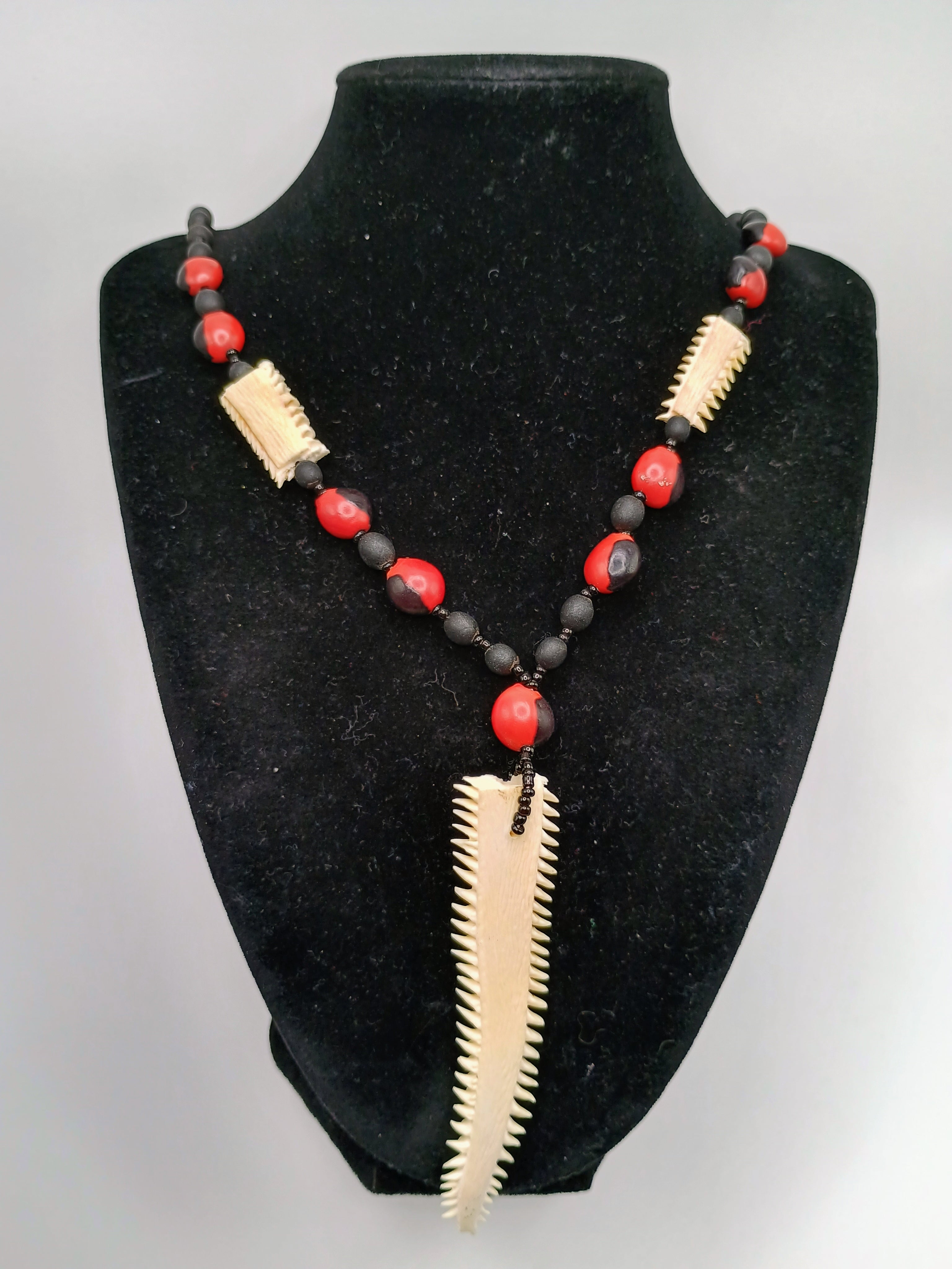 Necklace with Huayruro Seeds and Carved Bone, Handmade Amulet for Protection and Luck