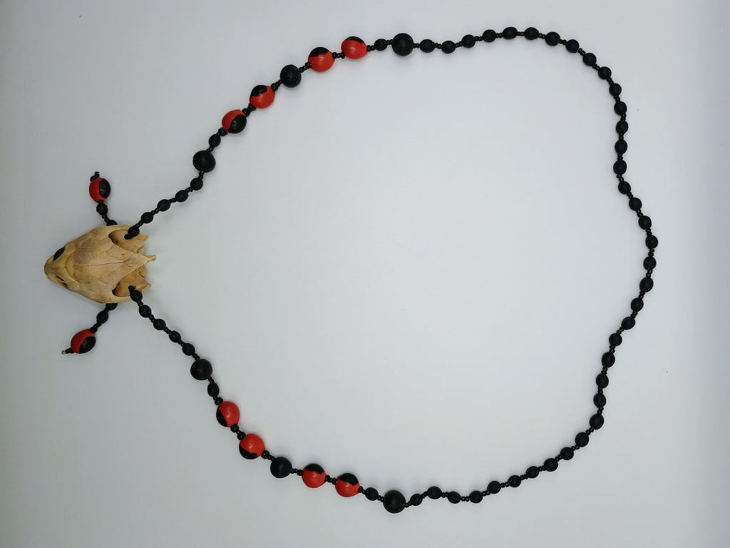 Handmade Necklace with Huayruro Seeds and a Protective Turtle Skull
