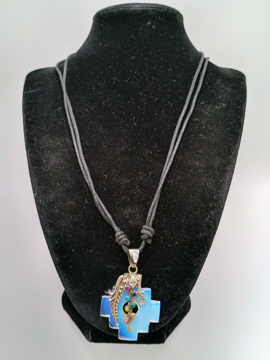 Chakana Necklace in 950 Sterling Silver with Natural Stone Pendant, 7 Chakras