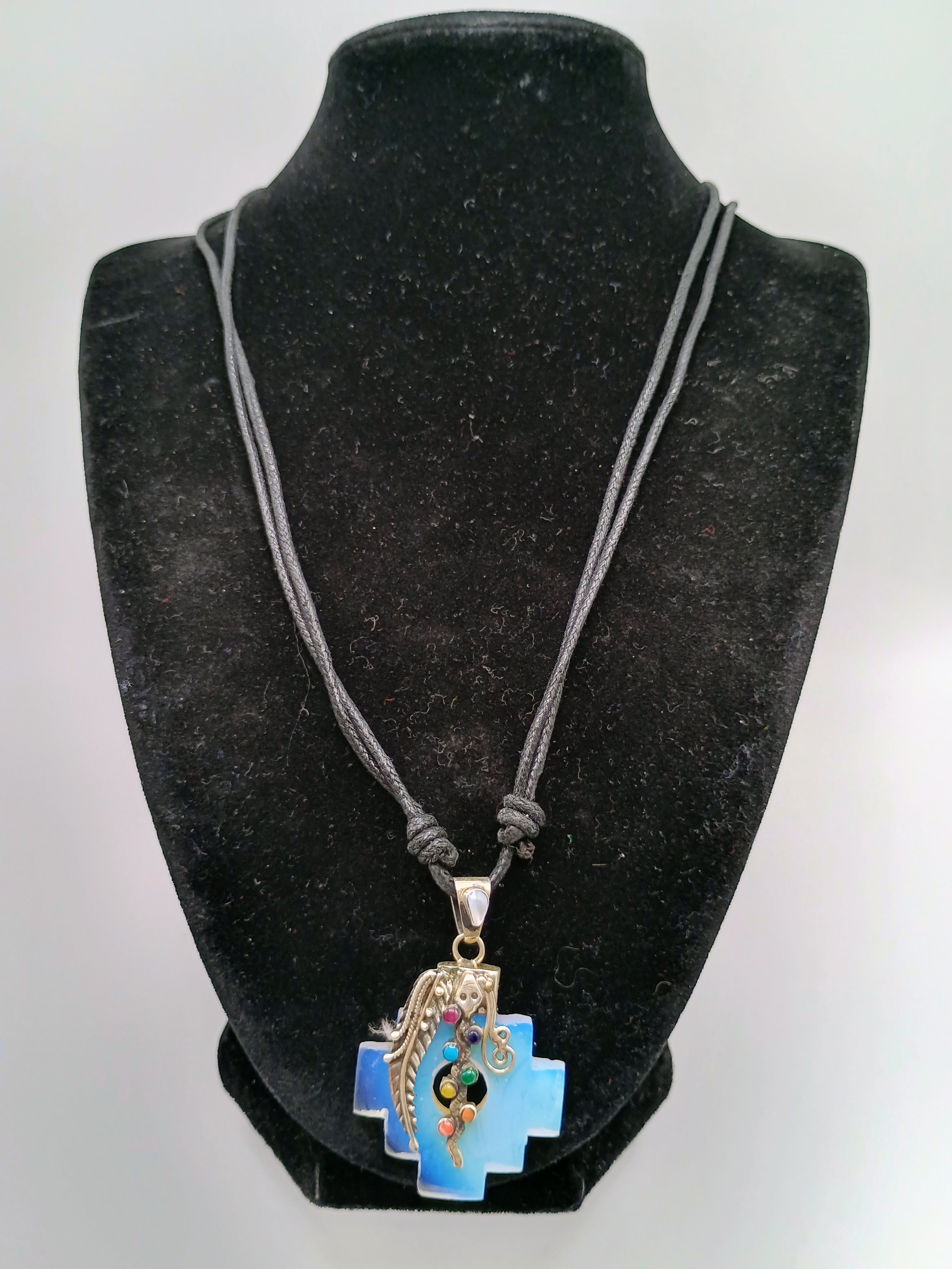 Chakana Necklace in 950 Sterling Silver with Natural Stone Pendant, 7 Chakras