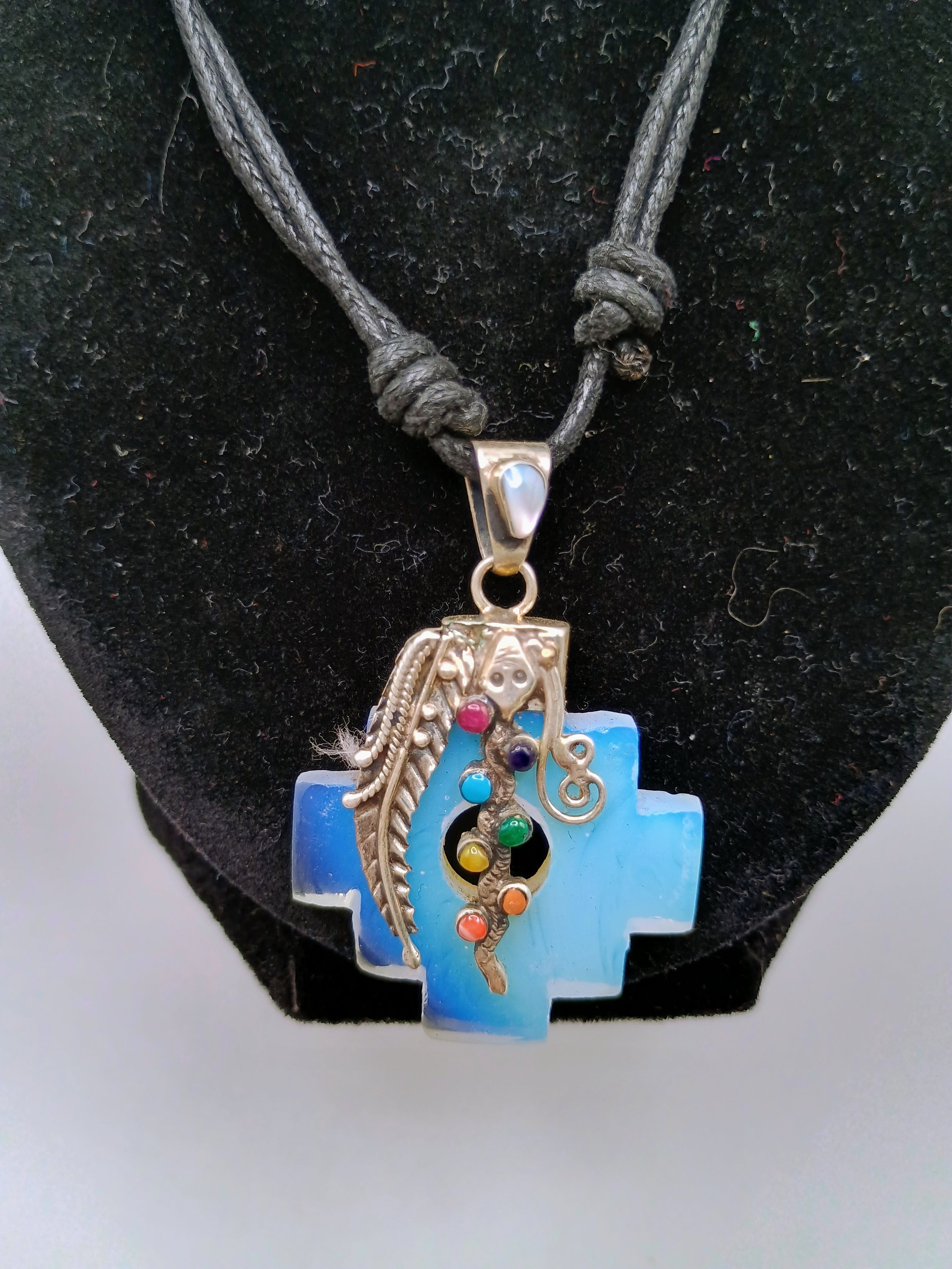 Chakana Necklace in 950 Sterling Silver with Natural Stone Pendant, 7 Chakras