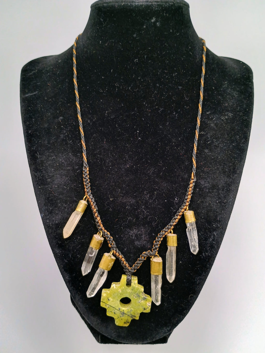 Chakana Necklace with Green Quartz Crystal Stone, Handmade Macrame