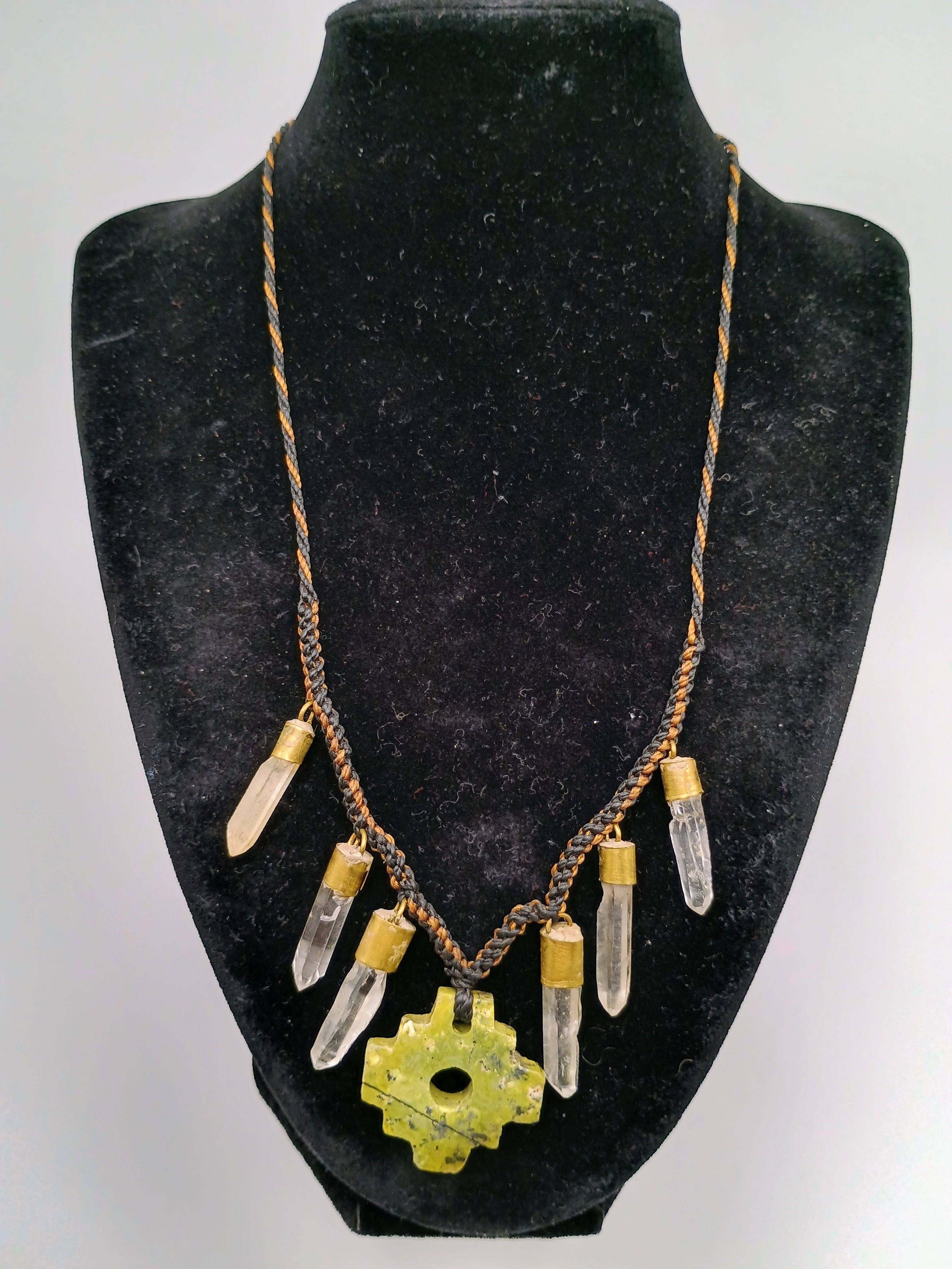 Chakana Necklace with Green Quartz Crystal Stone, Handmade Macrame