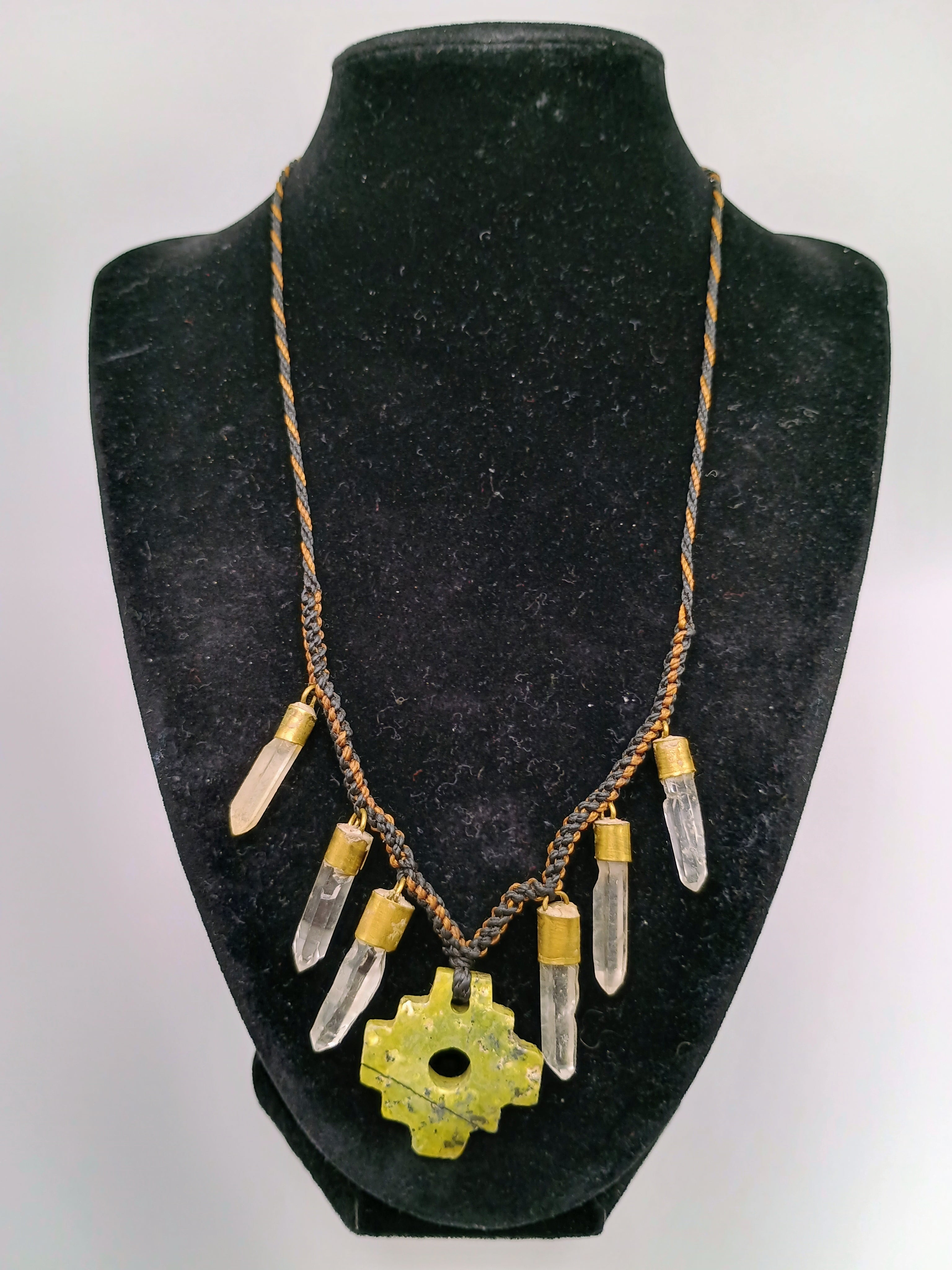 Chakana Necklace with Green Quartz Crystal Stone, Handmade Macrame