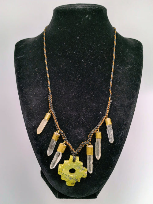 Chakana Necklace with Green Quartz Crystal Stone, Handmade Macrame
