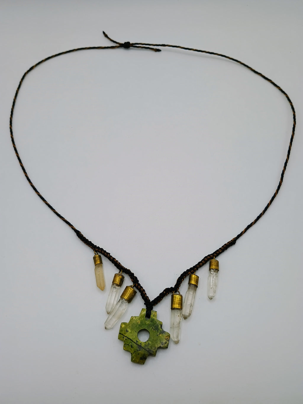 Chakana Necklace with Green Quartz Crystal Stone, Handmade Macrame