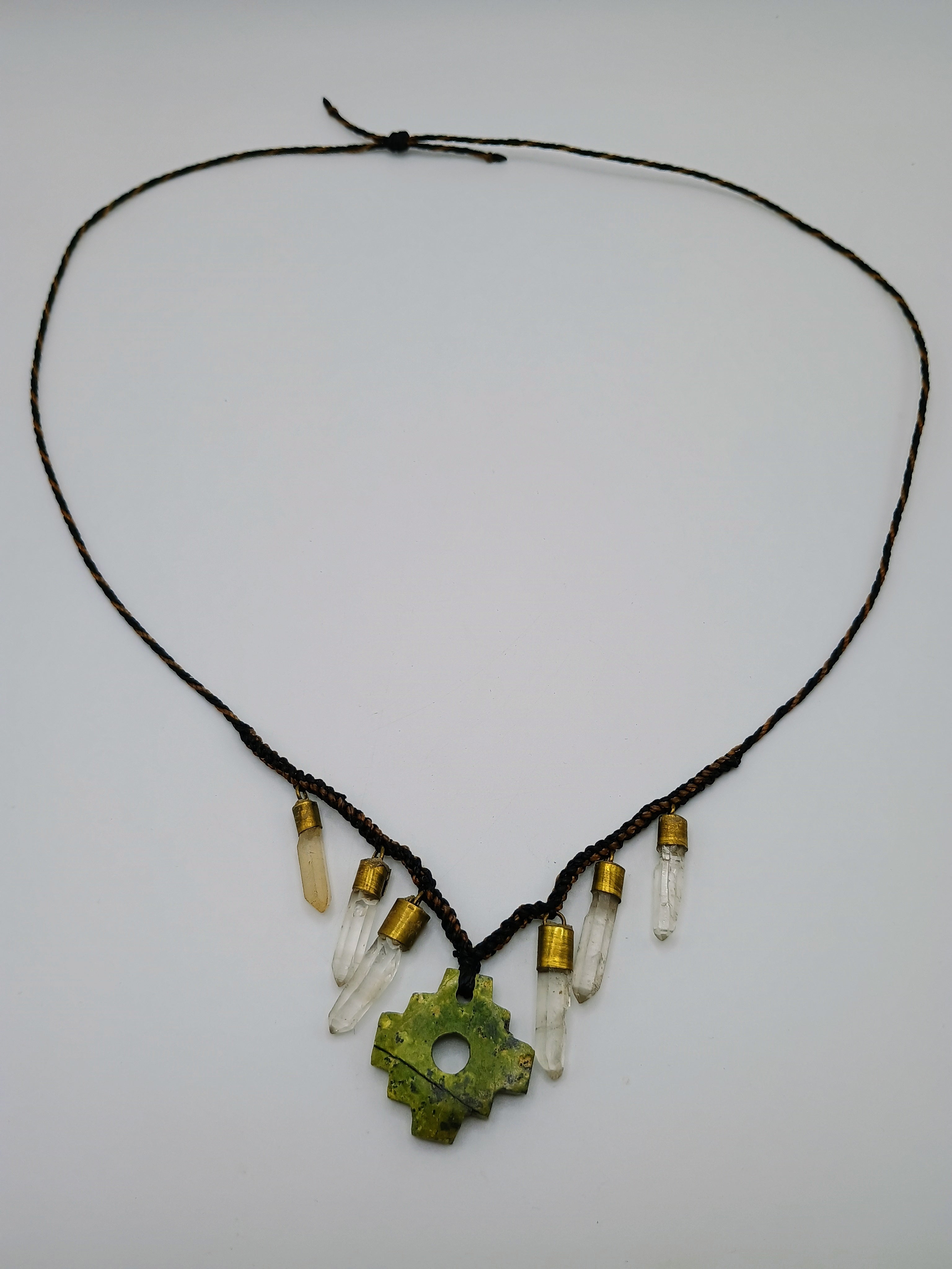 Chakana Necklace with Green Quartz Crystal Stone, Handmade Macrame