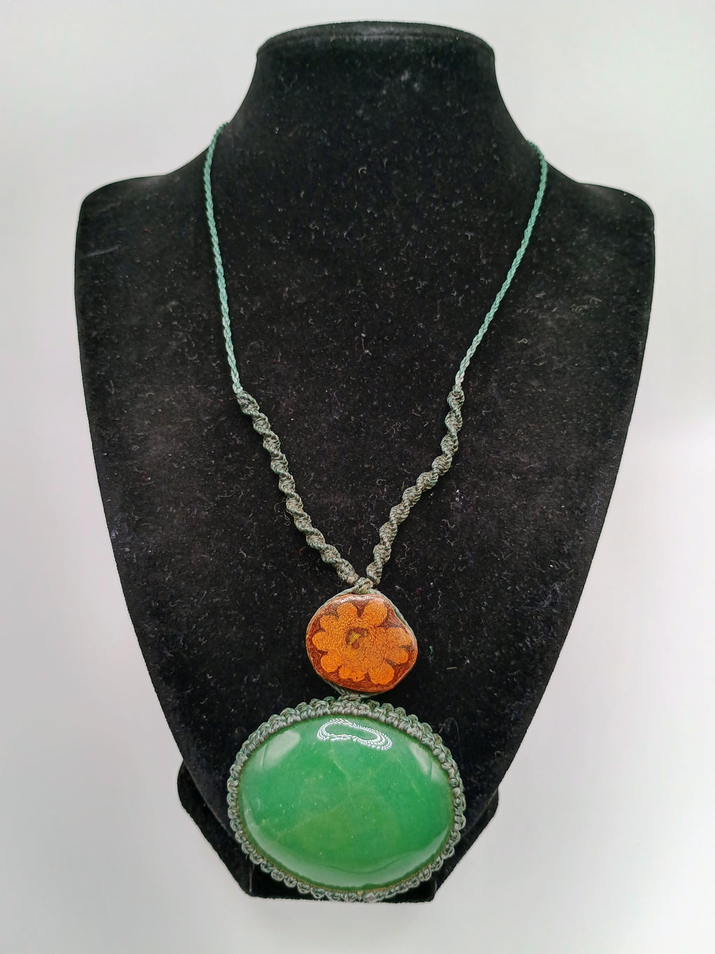 Macrame Necklace with Serpent Flower, Ayahuasca, and Natural Green Stone