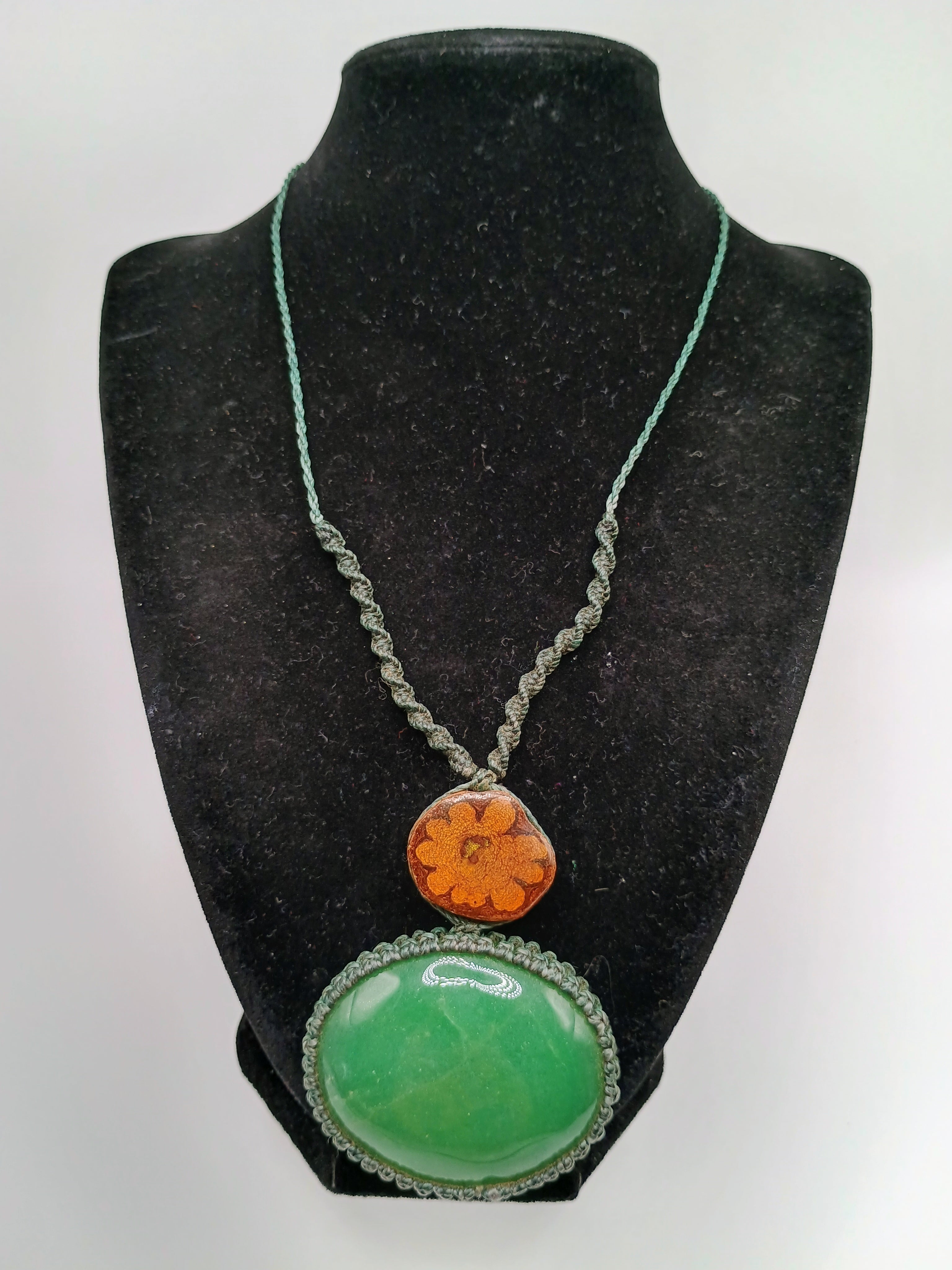 Macrame Necklace with Serpent Flower, Ayahuasca, and Natural Green Stone