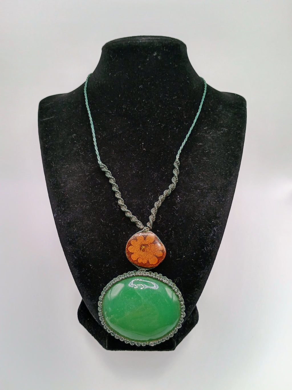Macrame Necklace with Serpent Flower, Ayahuasca, and Natural Green Stone