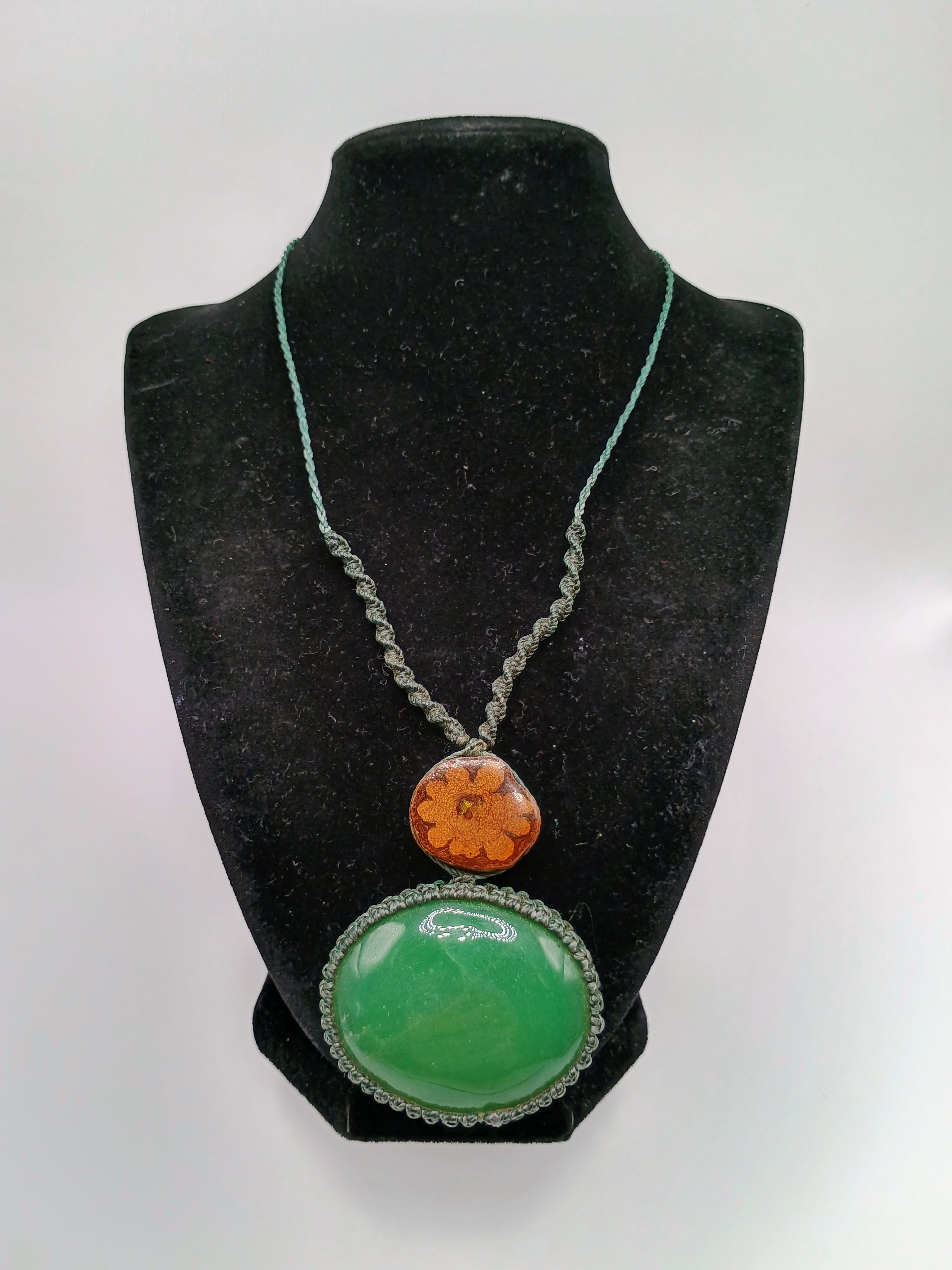 Macrame Necklace with Serpent Flower, Ayahuasca, and Natural Green Stone