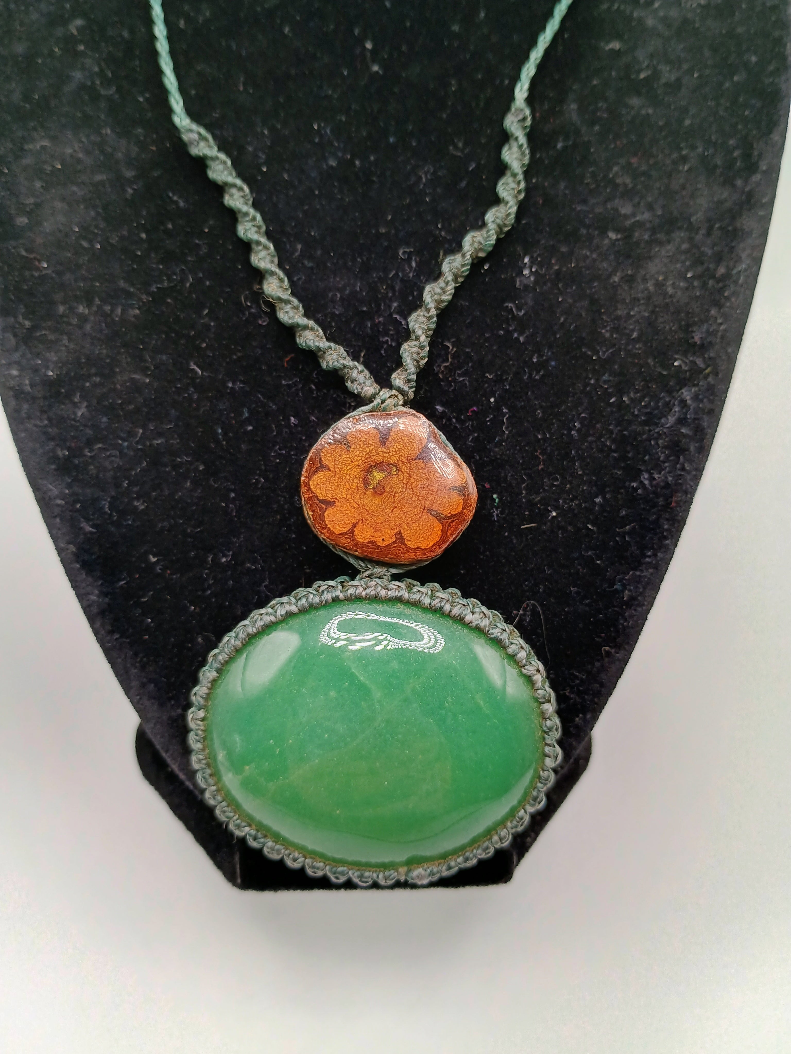 Macrame Necklace with Serpent Flower, Ayahuasca, and Natural Green Stone