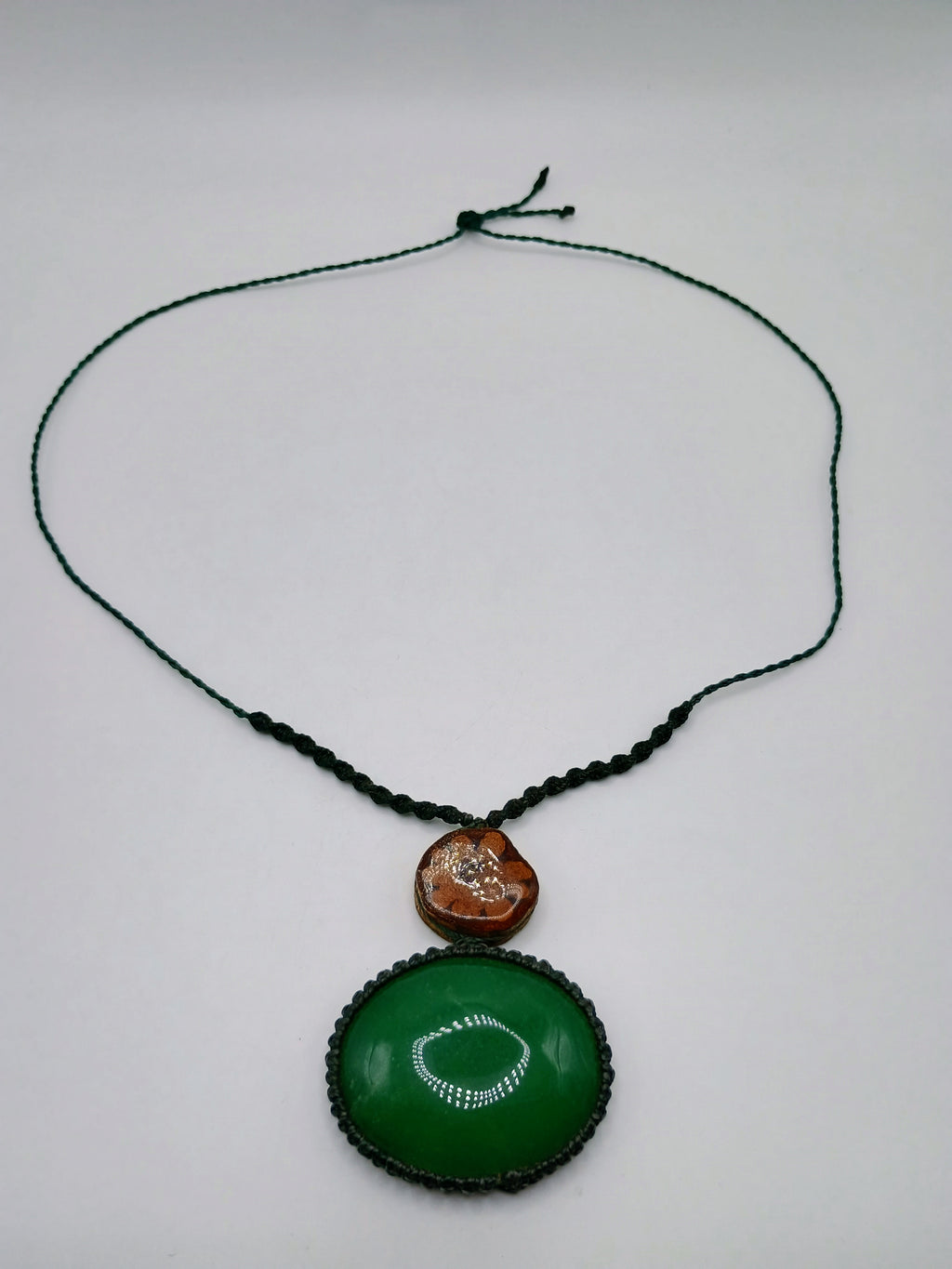 Macrame Necklace with Serpent Flower, Ayahuasca, and Natural Green Stone