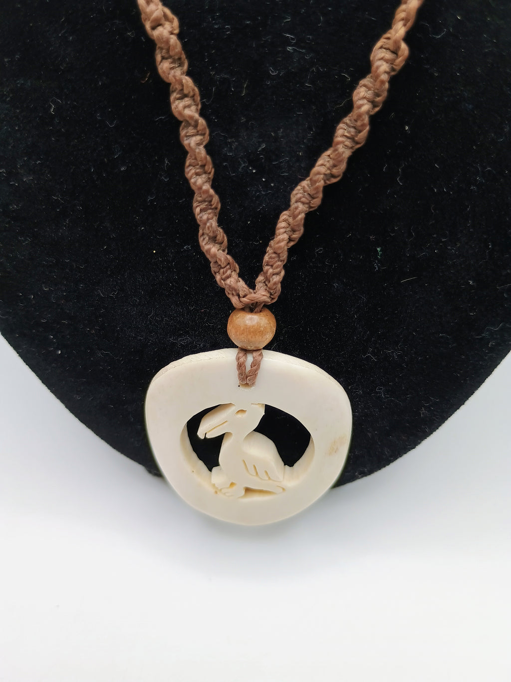 Pelican Spirit Necklace, Hand-Carved Natural Macrame