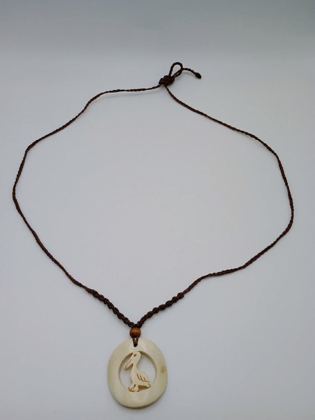 Pelican Spirit Necklace, Hand-Carved Natural Macrame