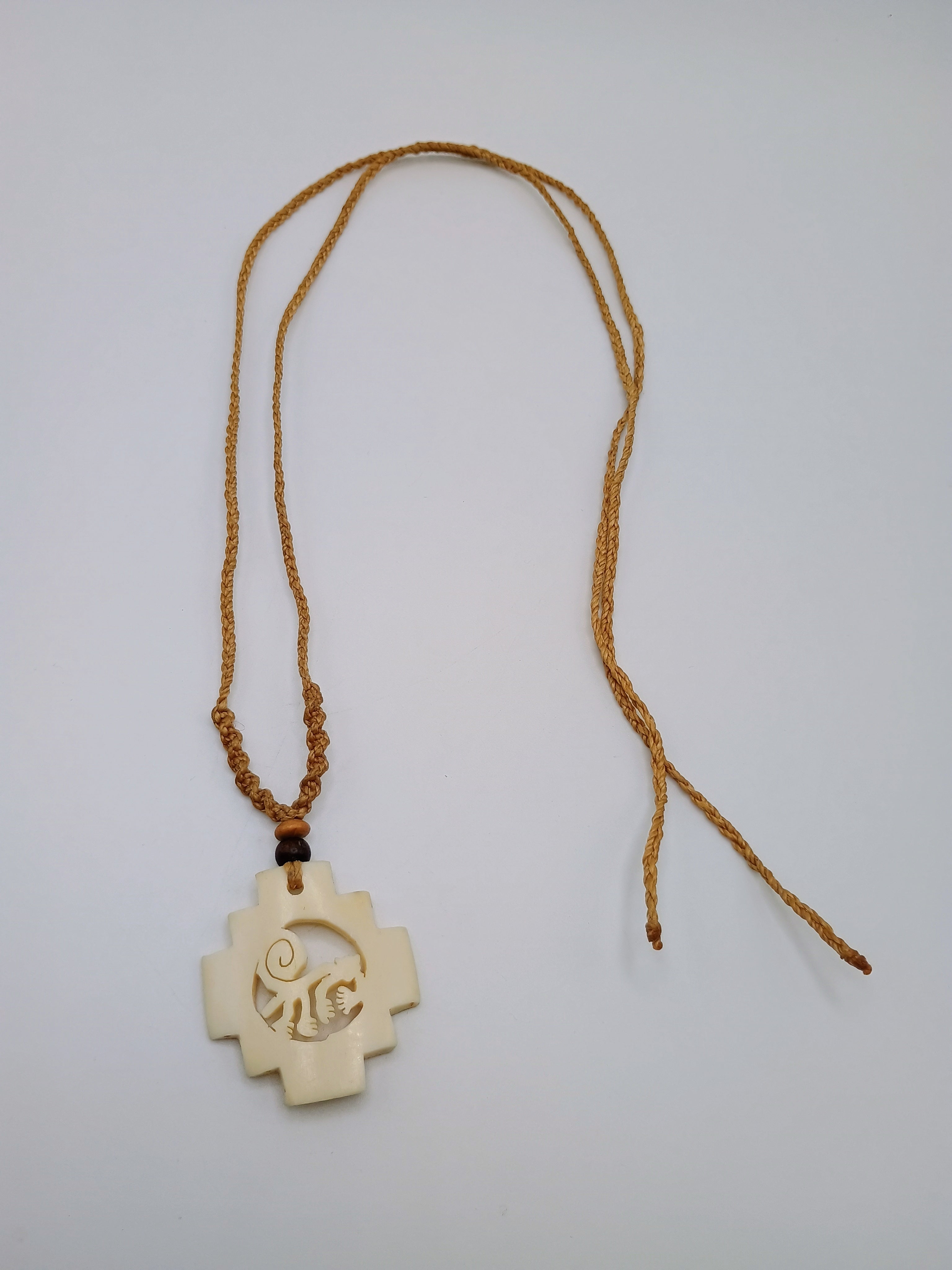Handmade Necklace Monkey Nazca Lines Chacana Cross Pendant Hand Carved