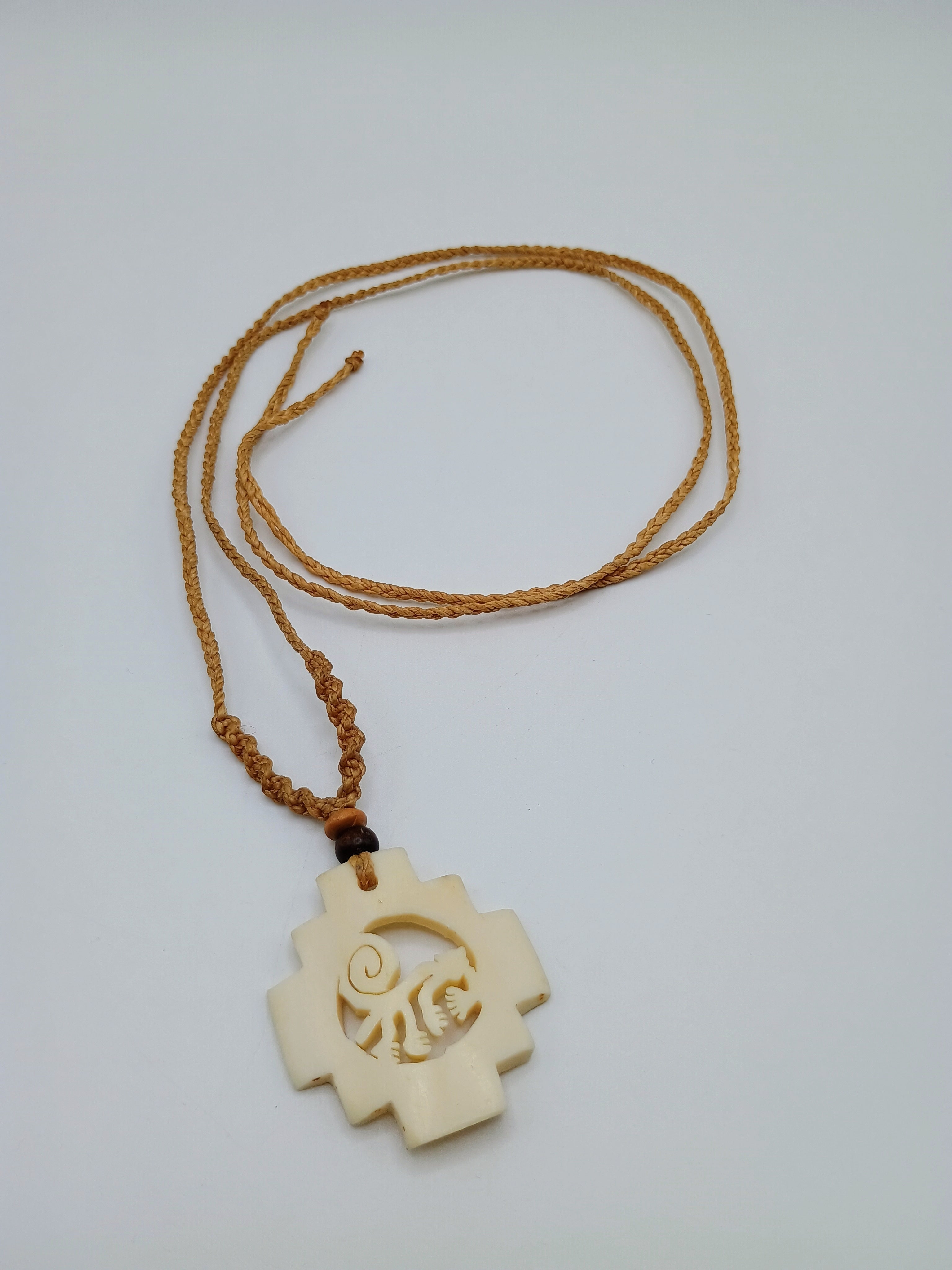 Handmade Necklace Monkey Nazca Lines Chacana Cross Pendant Hand Carved