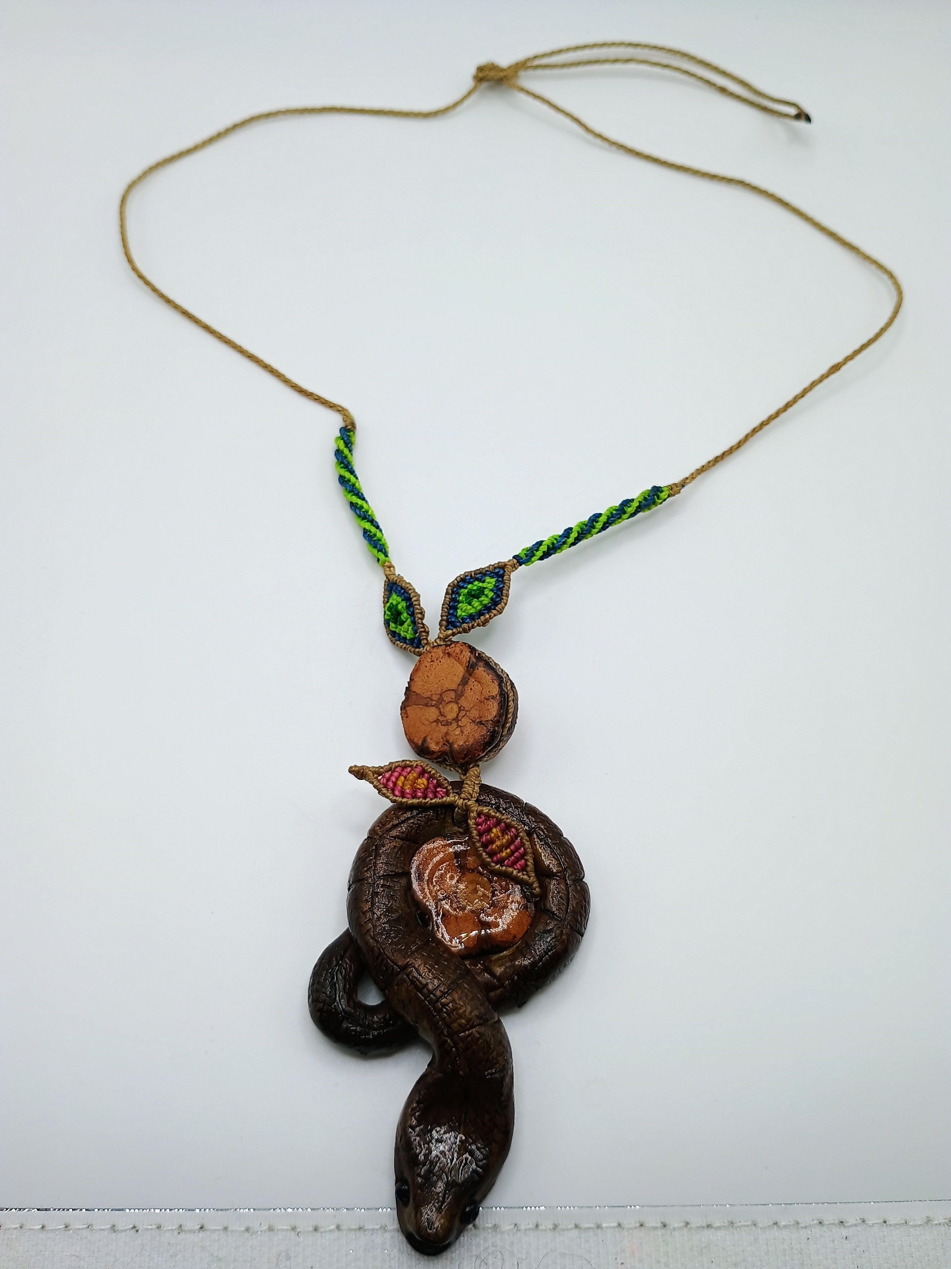 Chonta Wood Carved Snake Necklace Macrame Amulet Protection Wisdom
