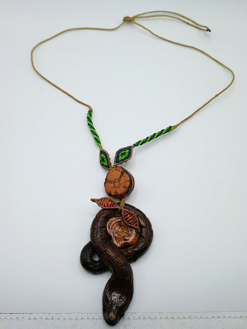 Chonta Wood Carved Snake Necklace Macrame Amulet Protection Wisdom