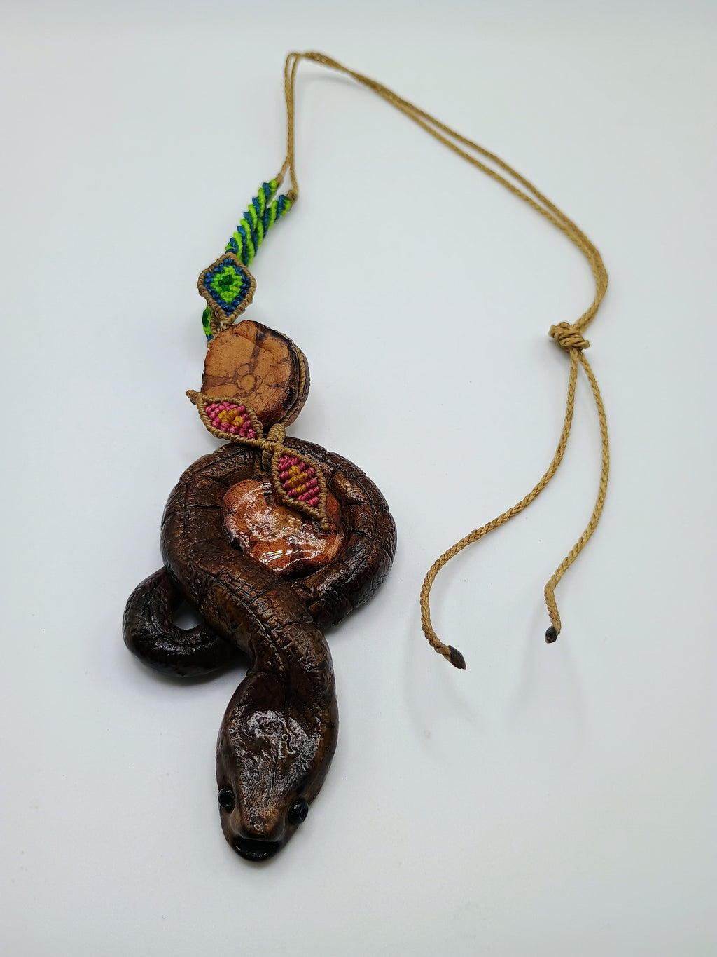 Chonta Wood Carved Snake Necklace Macrame Amulet Protection Wisdom