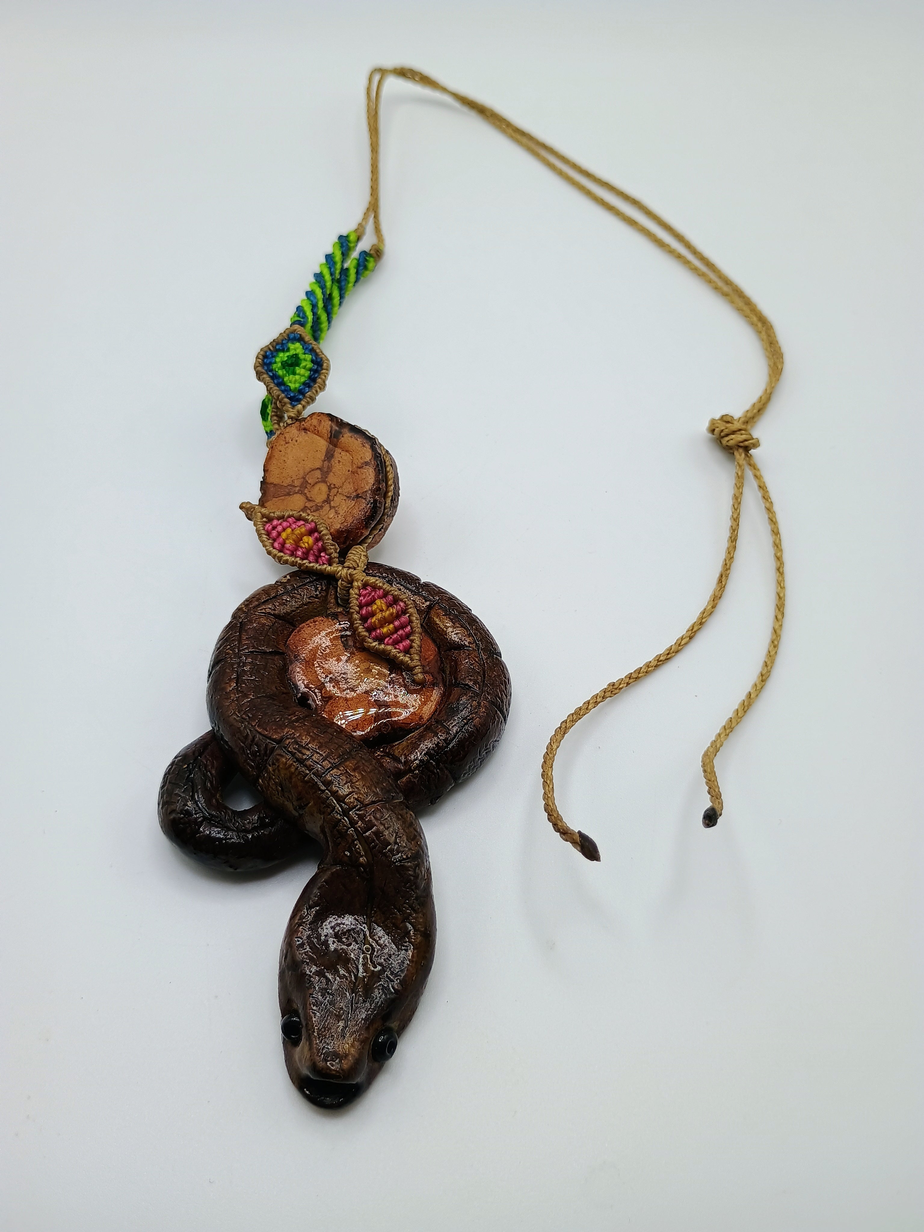 Chonta Wood Carved Snake Necklace Macrame Amulet Protection Wisdom