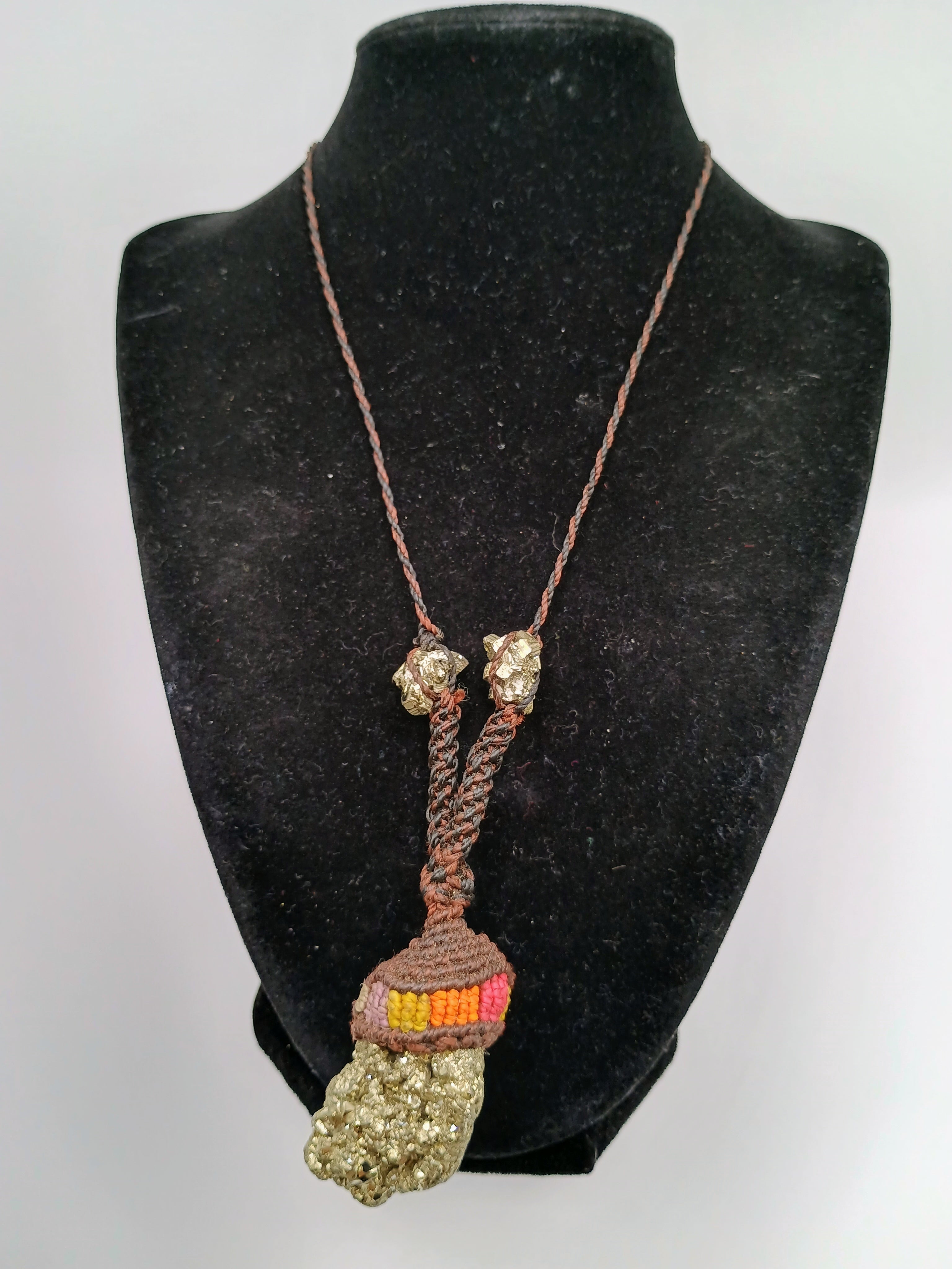 Natural Pyrite Macrame Necklace Amulet for Abundance and Protection