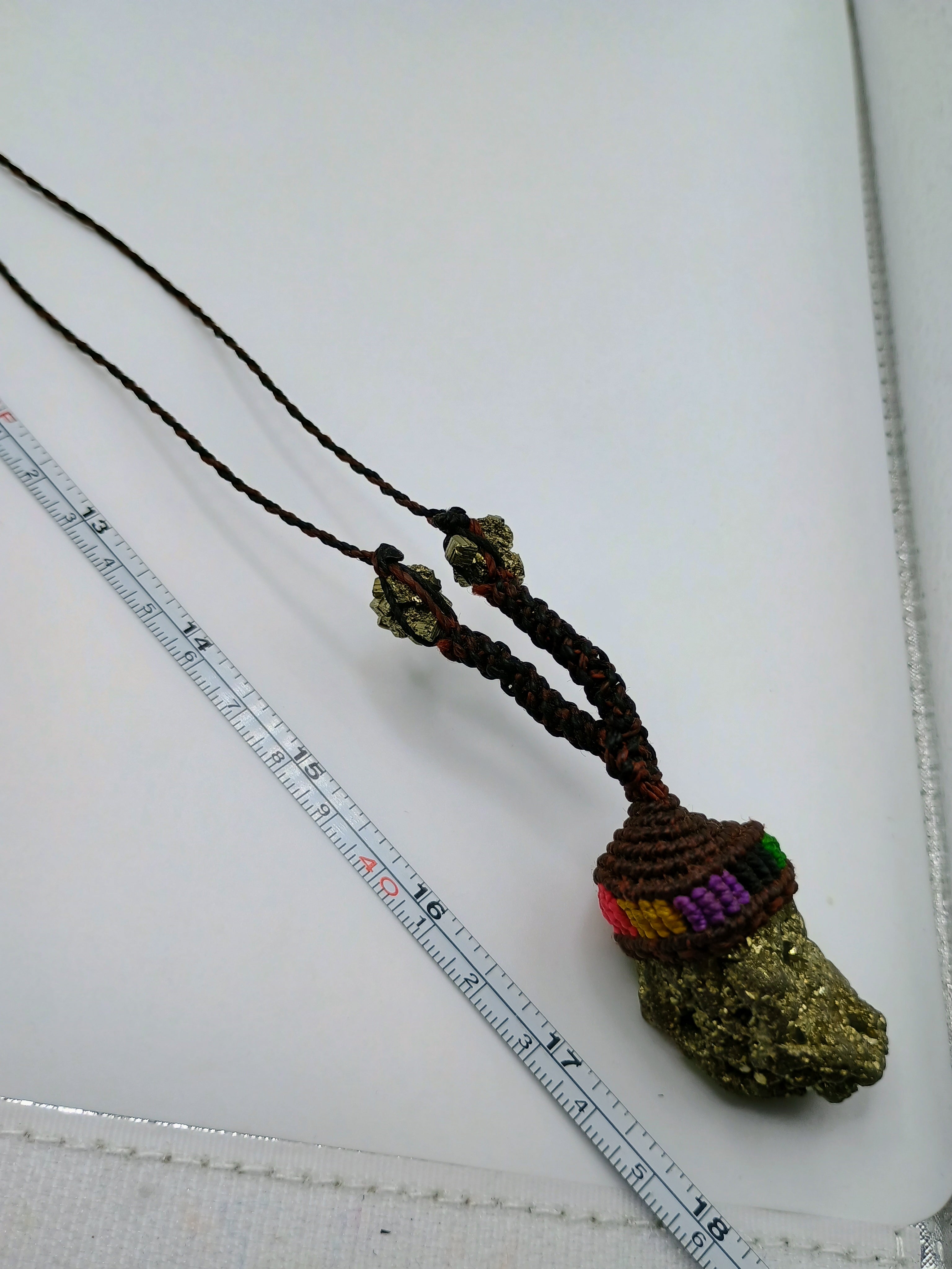 Natural Pyrite Macrame Necklace Amulet for Abundance and Protection