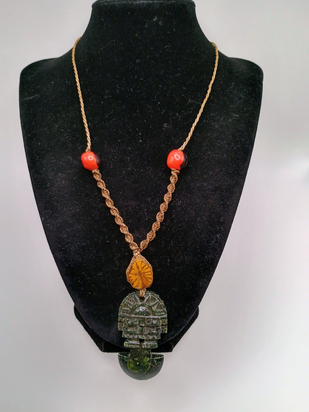 Tumi Necklace, Carved Stone, Macrame Weaving, Symbol of Protection and Luck