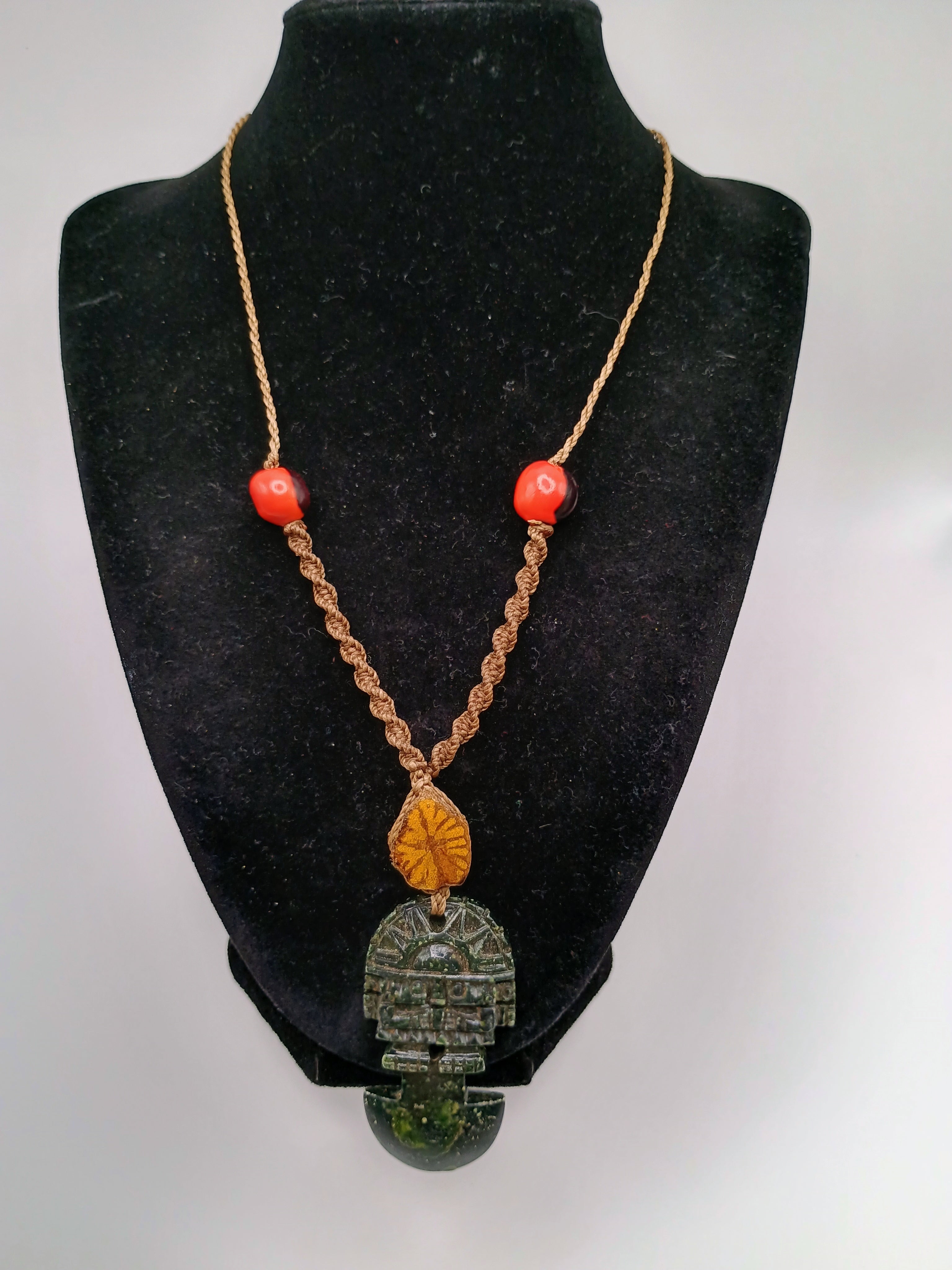 Tumi Necklace, Carved Stone, Macrame Weaving, Symbol of Protection and Luck