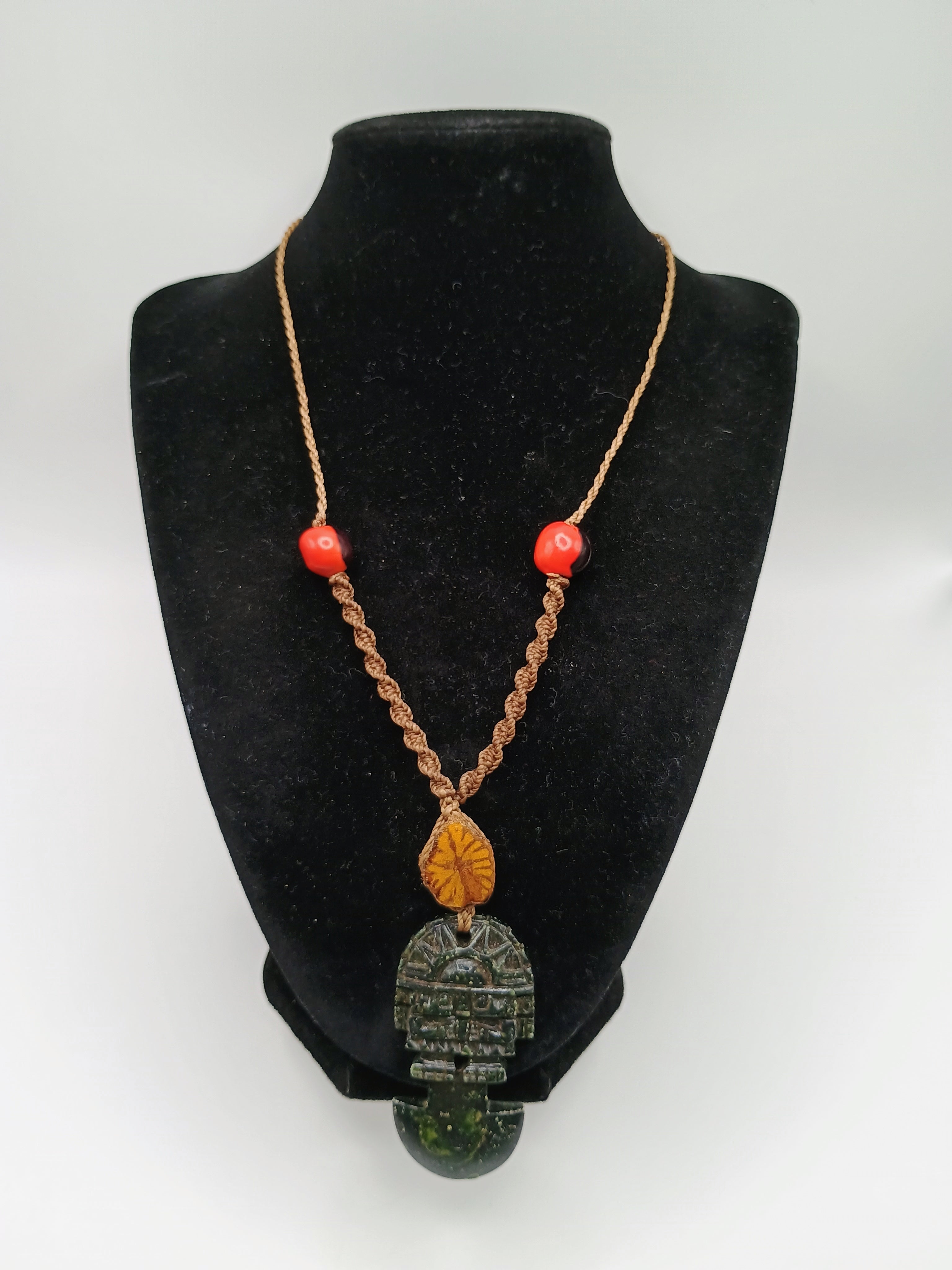 Tumi Necklace, Carved Stone, Macrame Weaving, Symbol of Protection and Luck