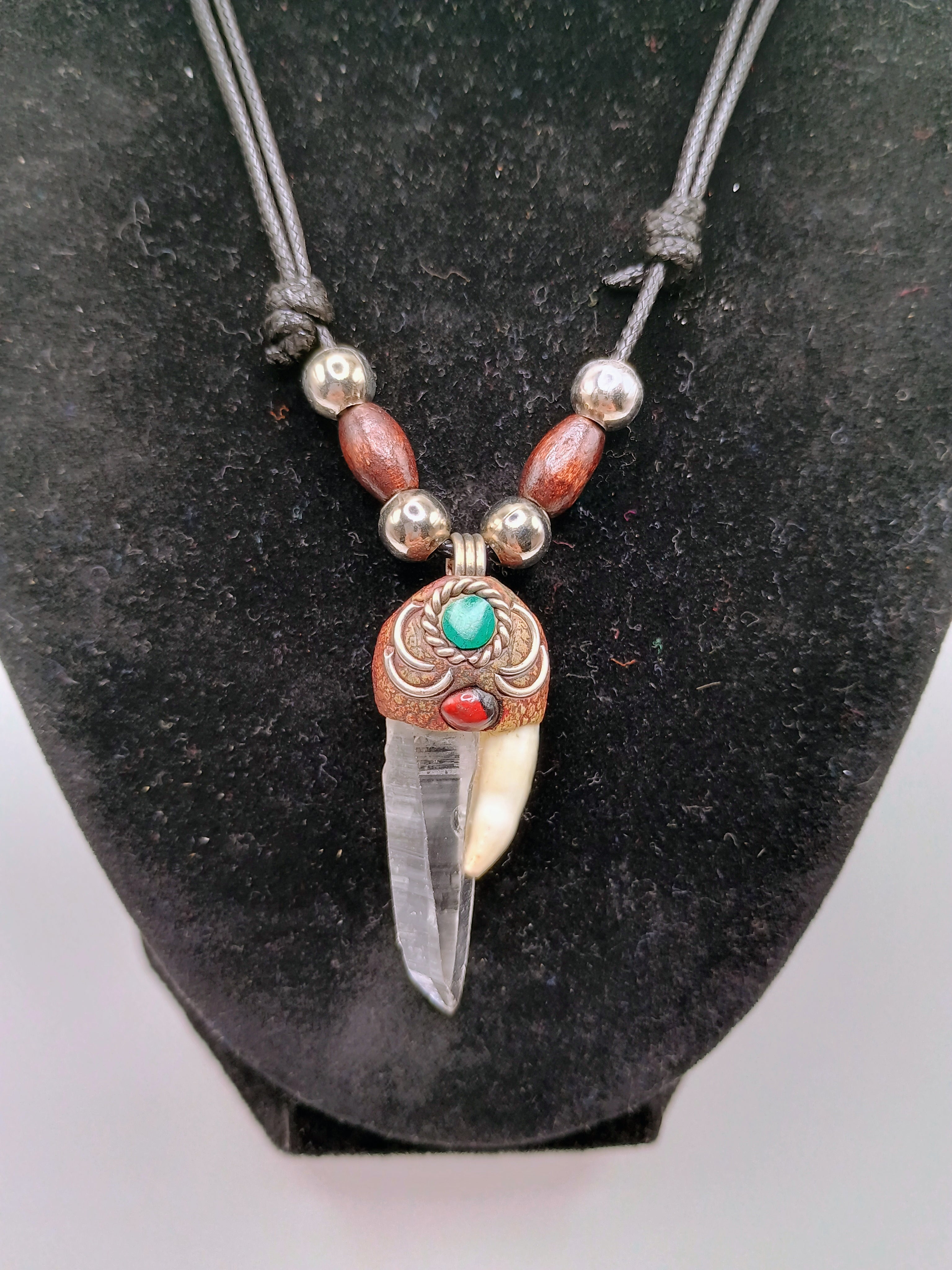 Quartz Crystal Necklace with Sea Lion Tooth Natural Amulet and Adjustable Cord