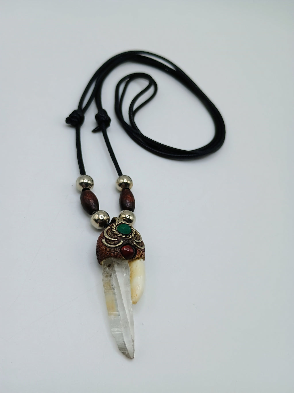 Quartz Crystal Necklace with Sea Lion Tooth Natural Amulet and Adjustable Cord