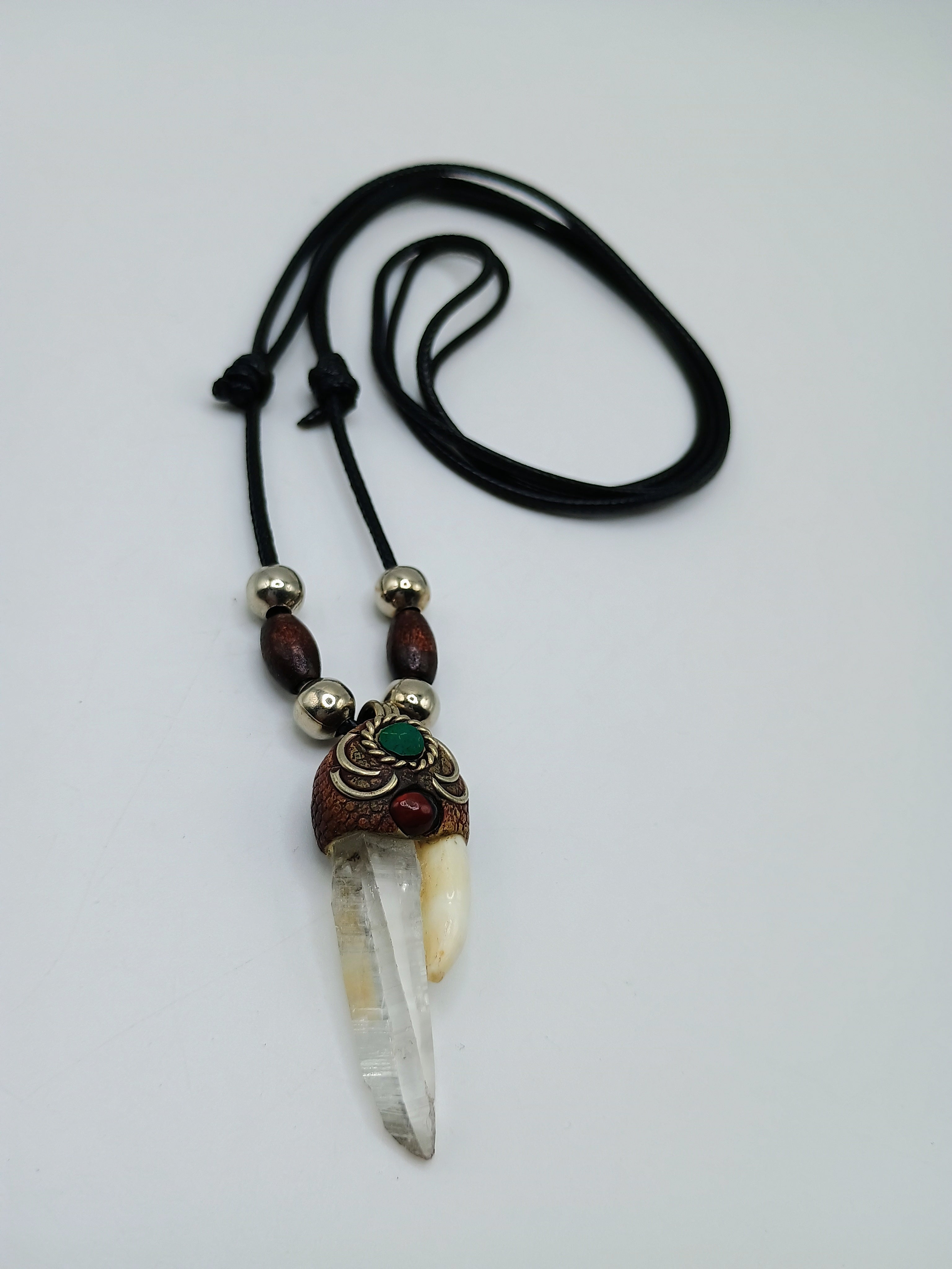 Quartz Crystal Necklace with Sea Lion Tooth Natural Amulet and Adjustable Cord