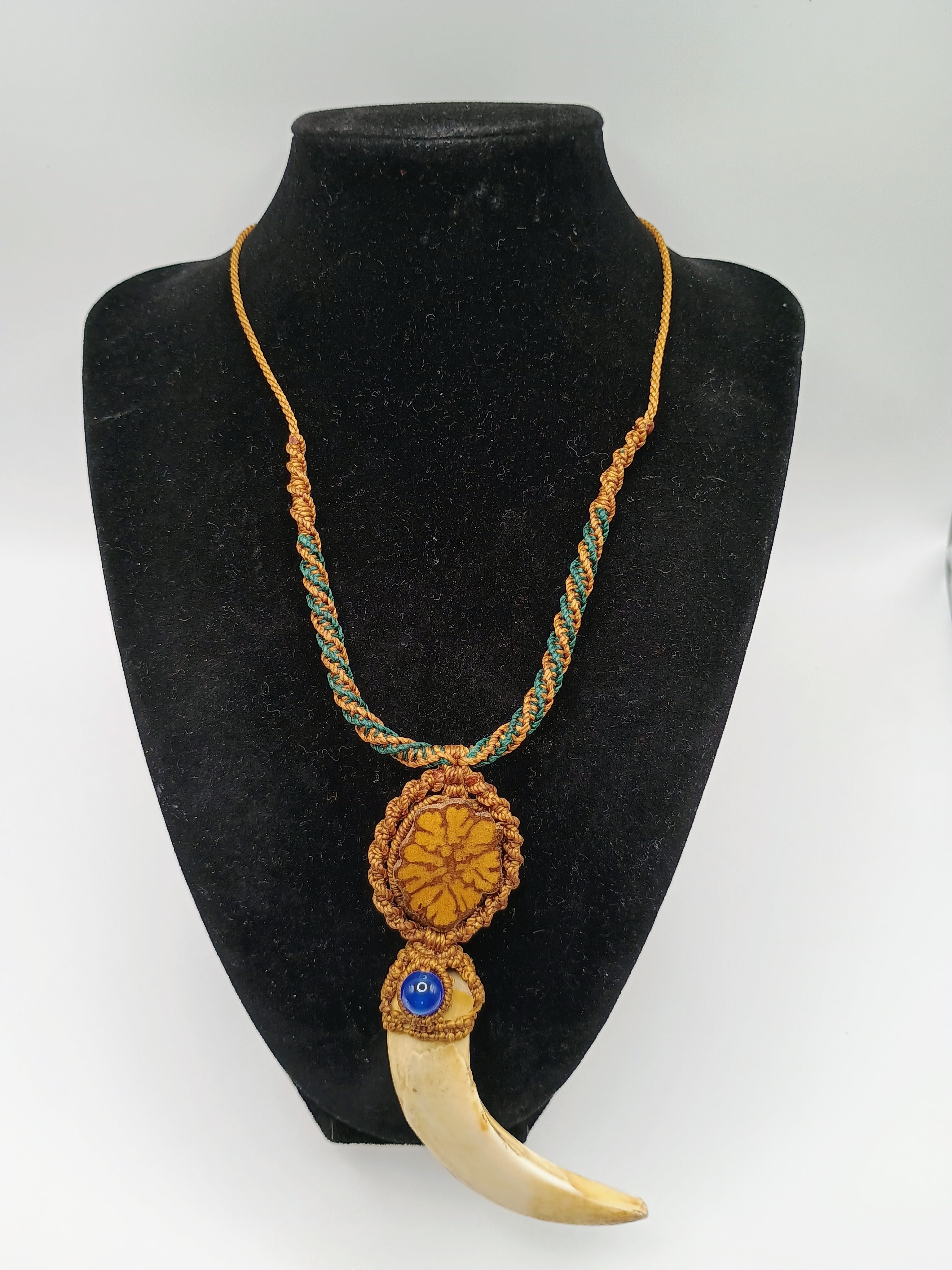 Macrame Necklace with Sea Lion Tooth, Shamanic Amulet for Protection