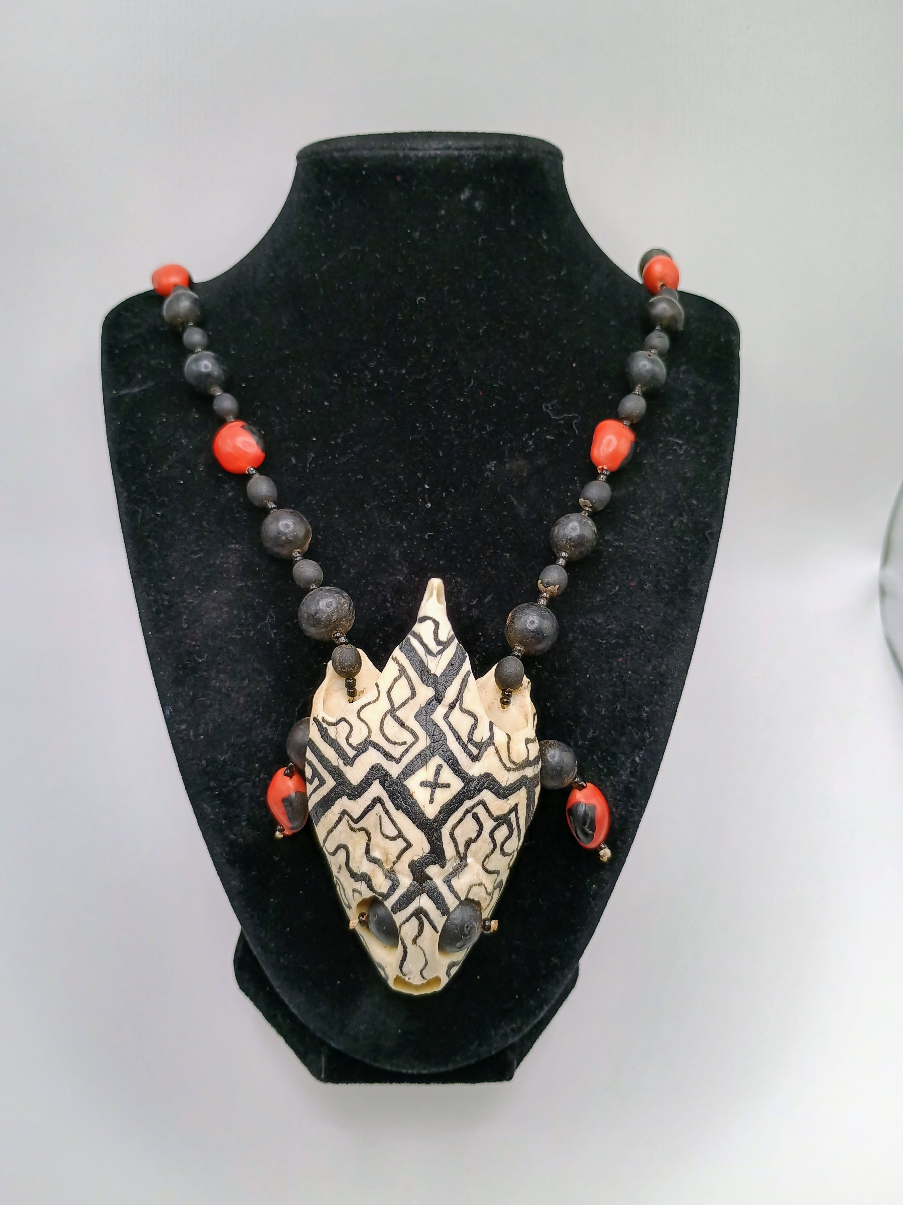 Handmade Amazonian Huayruro Necklace, Carved Turtle Skull
