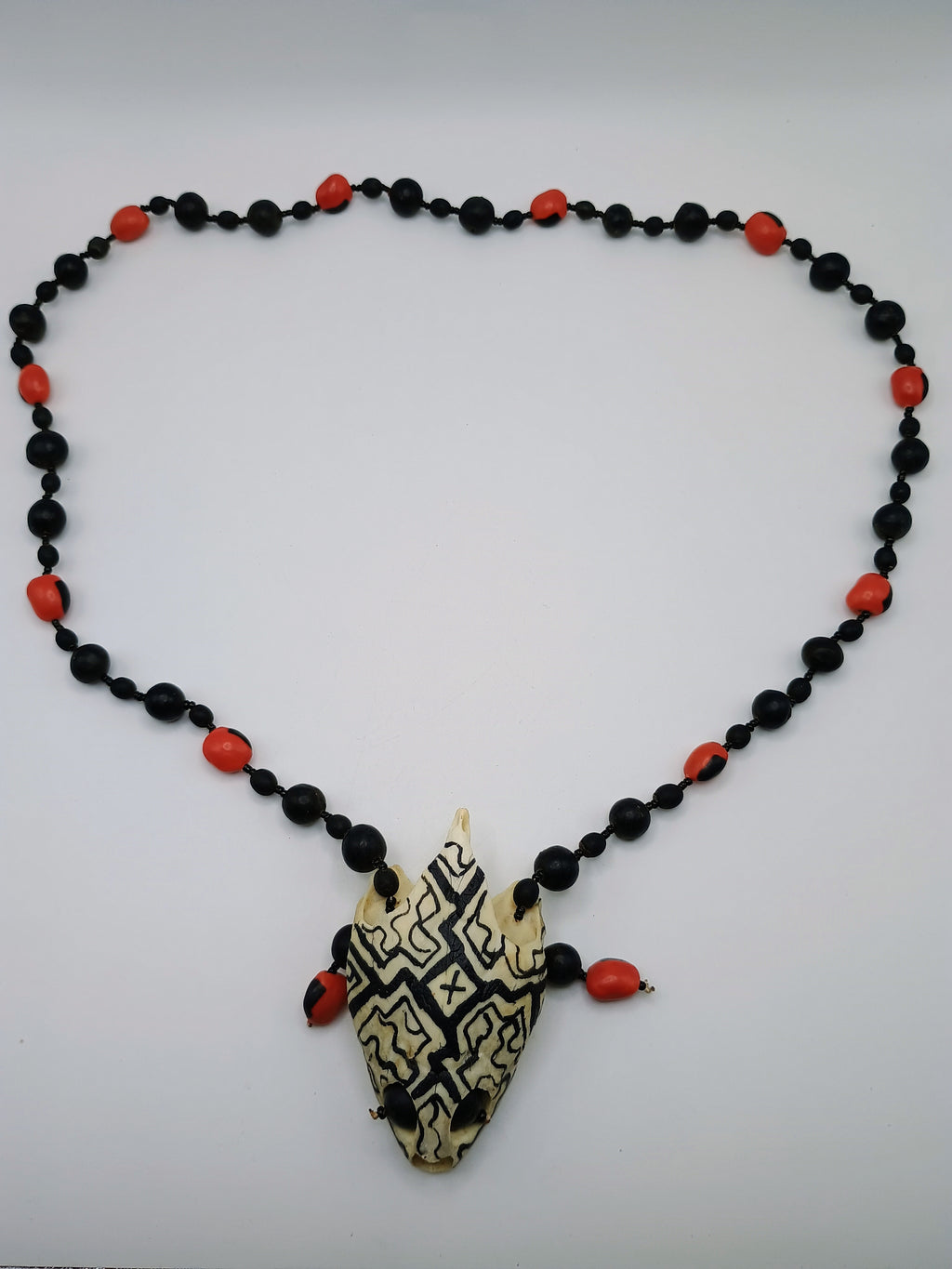 Handmade Amazonian Huayruro Necklace, Carved Turtle Skull