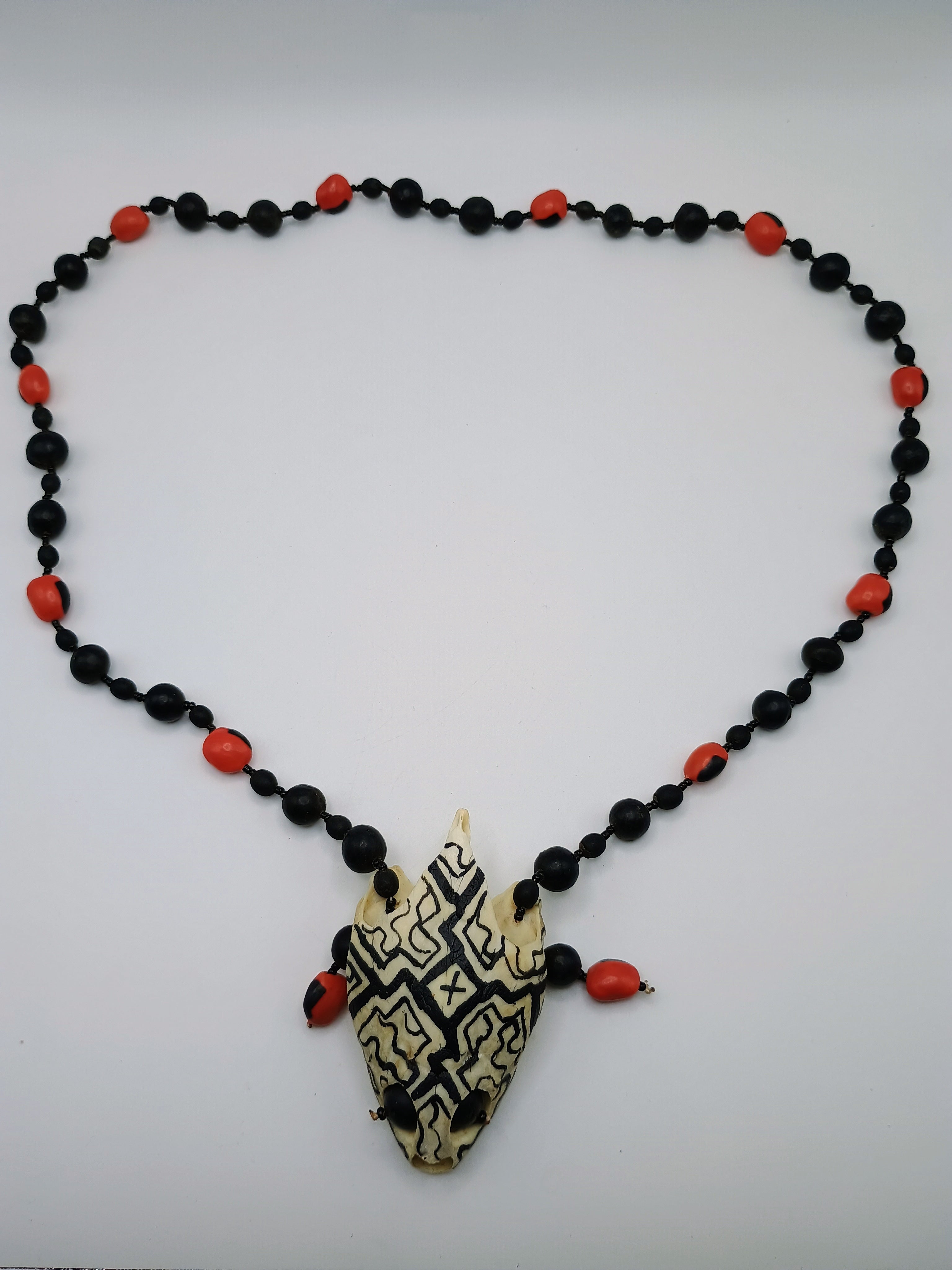 Handmade Amazonian Huayruro Necklace, Carved Turtle Skull