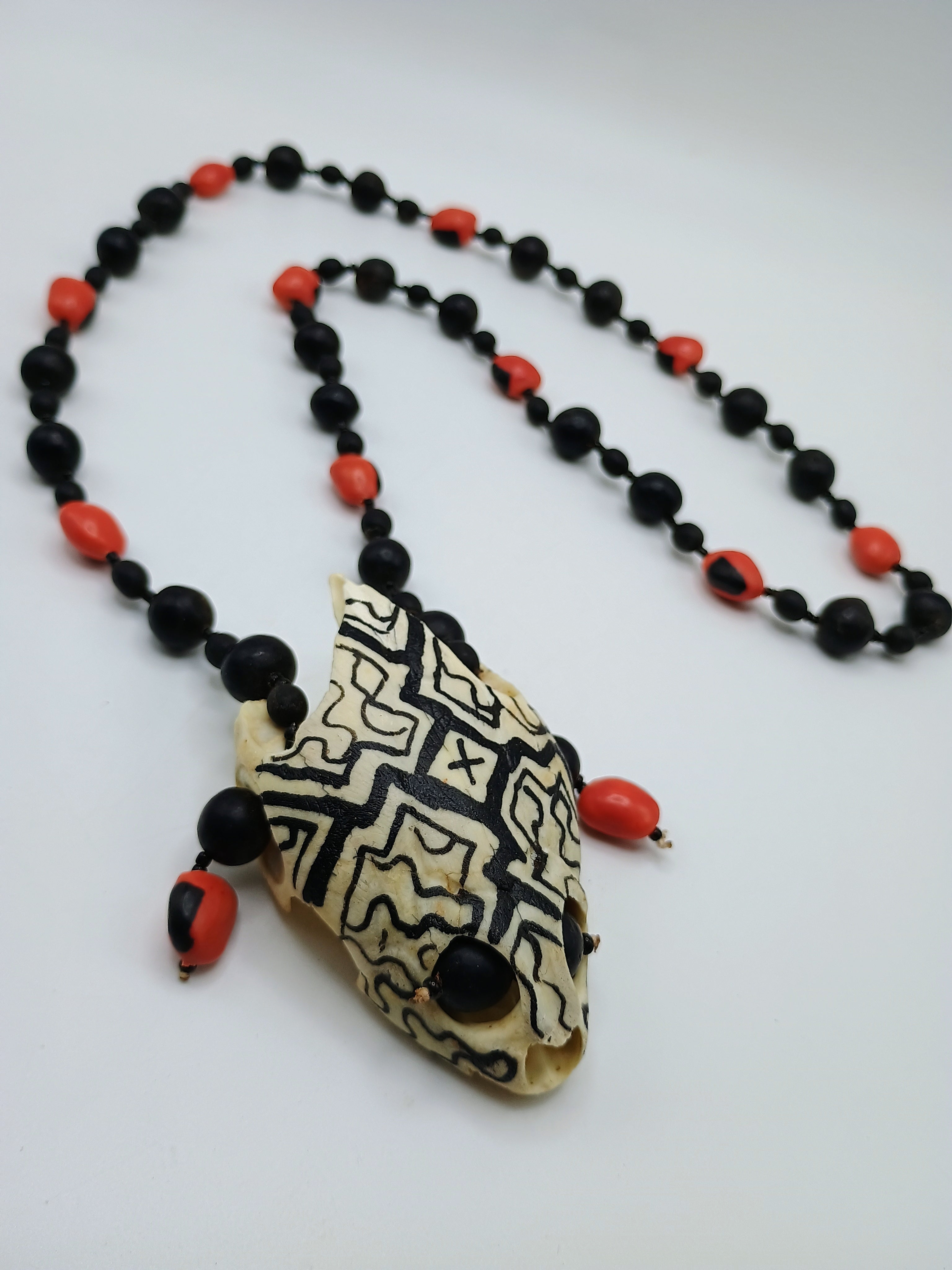 Handmade Amazonian Huayruro Necklace, Carved Turtle Skull