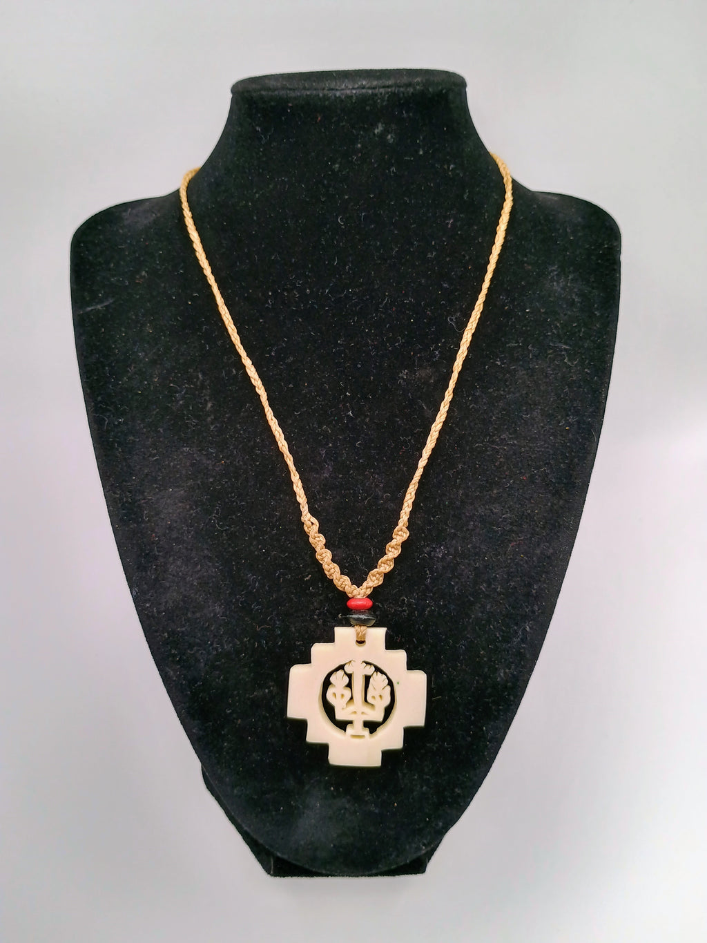 Hand-carved Chakana necklace, Andean cross, macrame thread, spiritual craftsmanship