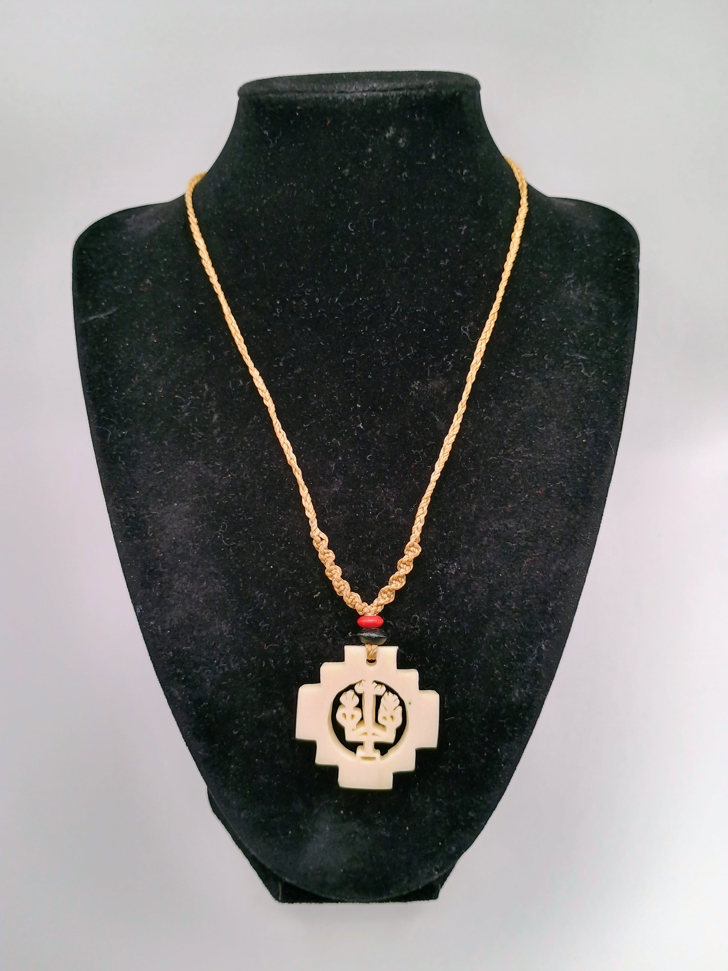 Hand-carved Chakana necklace, Andean cross, macrame thread, spiritual craftsmanship