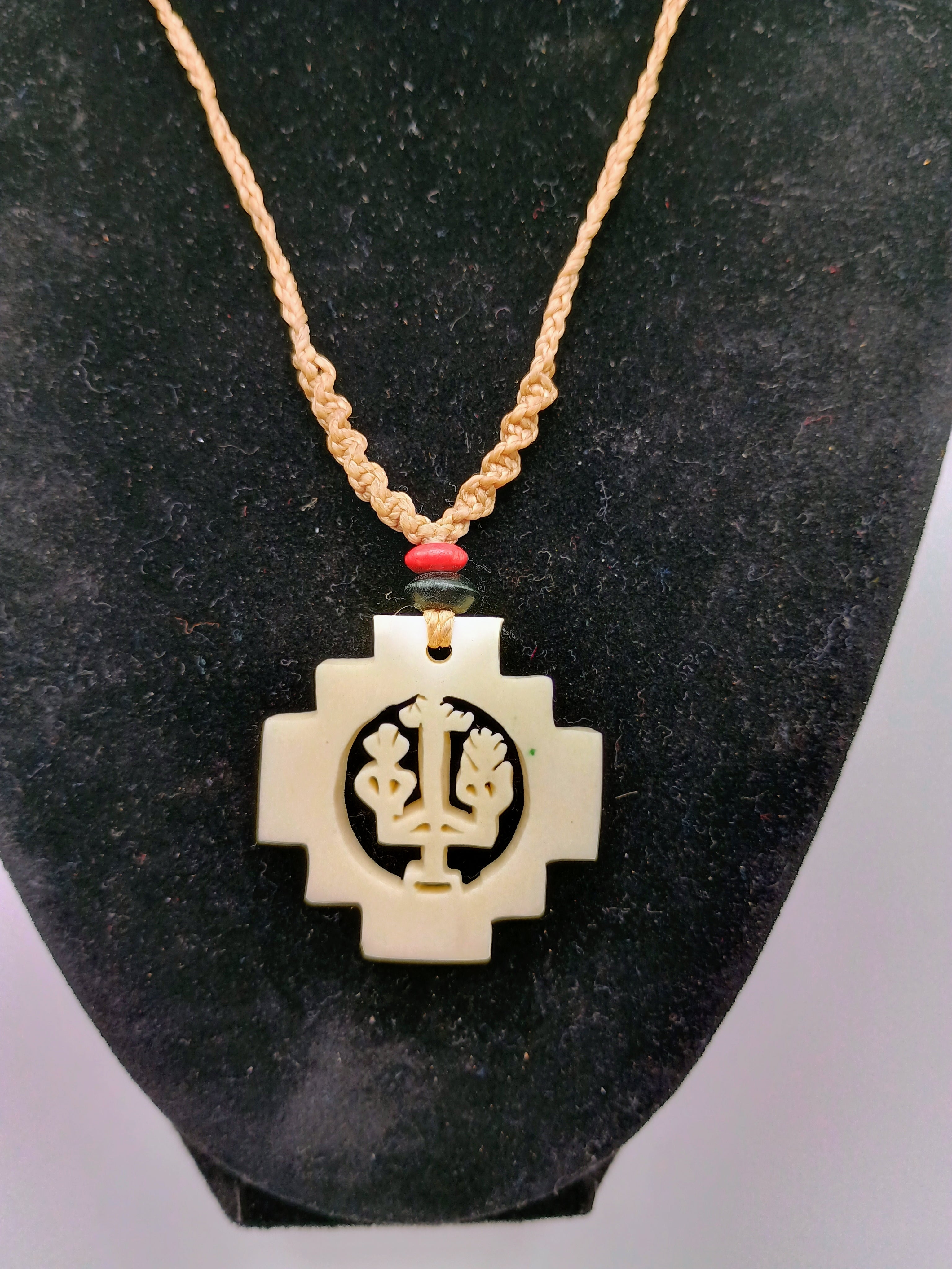Hand-carved Chakana necklace, Andean cross, macrame thread, spiritual craftsmanship