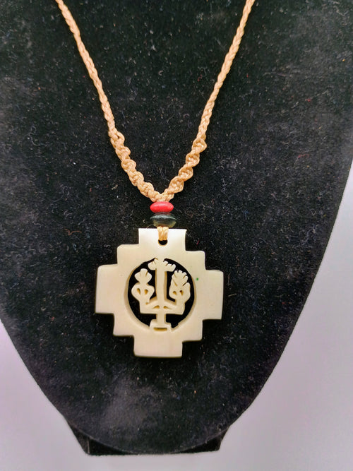 Hand-carved Chakana necklace, Andean cross, macrame thread, spiritual craftsmanship