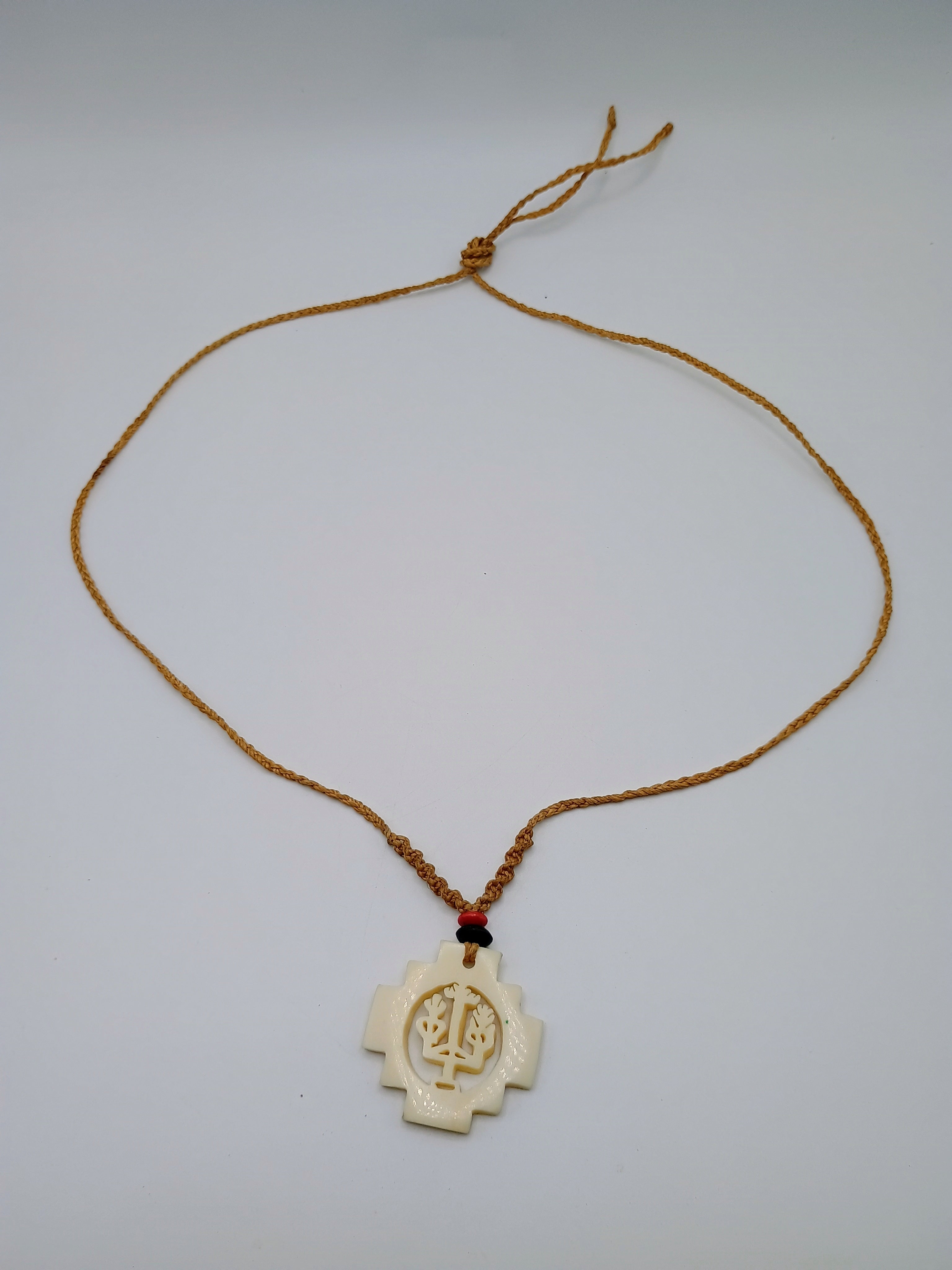 Hand-carved Chakana necklace, Andean cross, macrame thread, spiritual craftsmanship