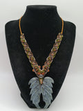 Natural Stone Necklace, Carved Feather Shape, Hand-woven Macrame
