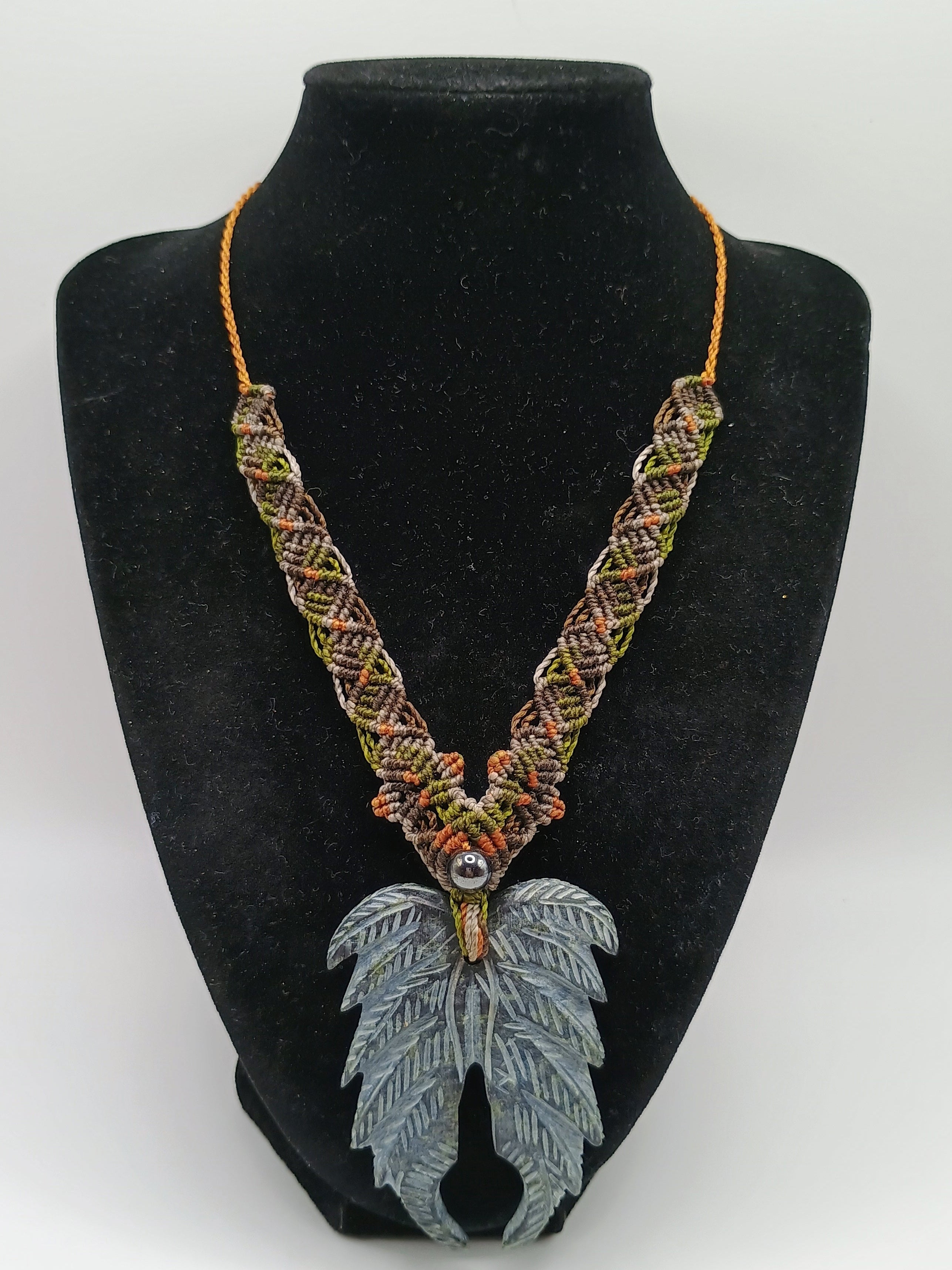 Natural Stone Necklace, Carved Feather Shape, Hand-woven Macrame