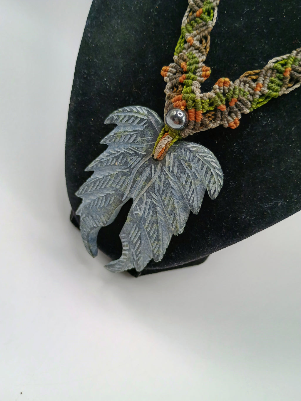 Natural Stone Necklace, Carved Feather Shape, Hand-woven Macrame